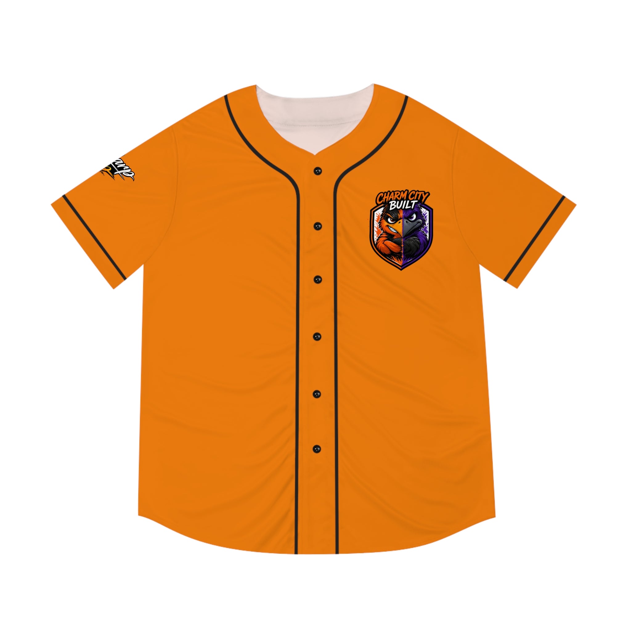 TimeWarp Drip – Orange baseball jersey, black trim, bold "Charm City Built" text, streetwise bulldog logo—pure Baltimore energy. | premium streetwear