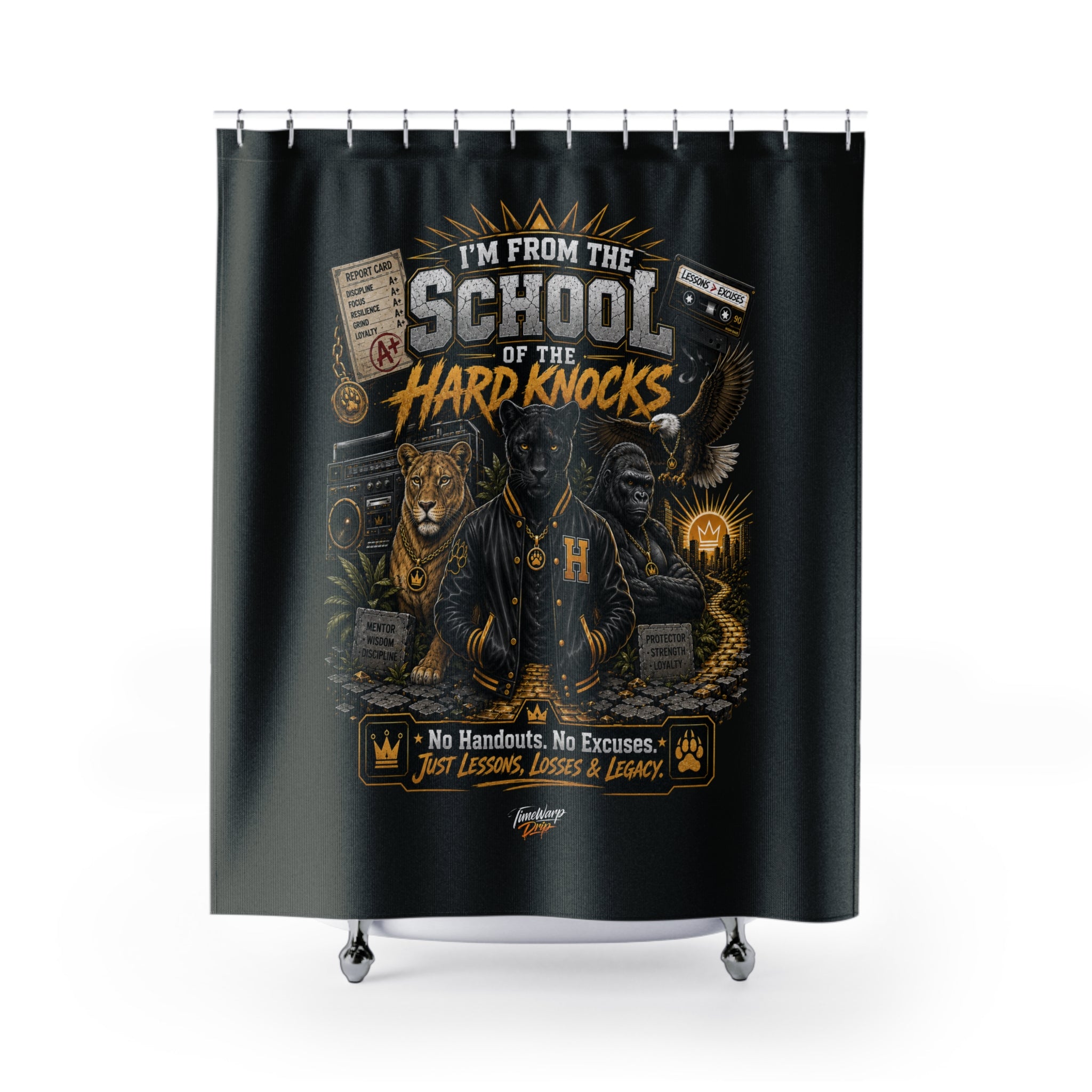 TimeWarp Drip – Shower curtain in crisp white with varsity jacket graphic, fierce tiger, soaring eagle, bold motivational street phrases. | premium streetwear