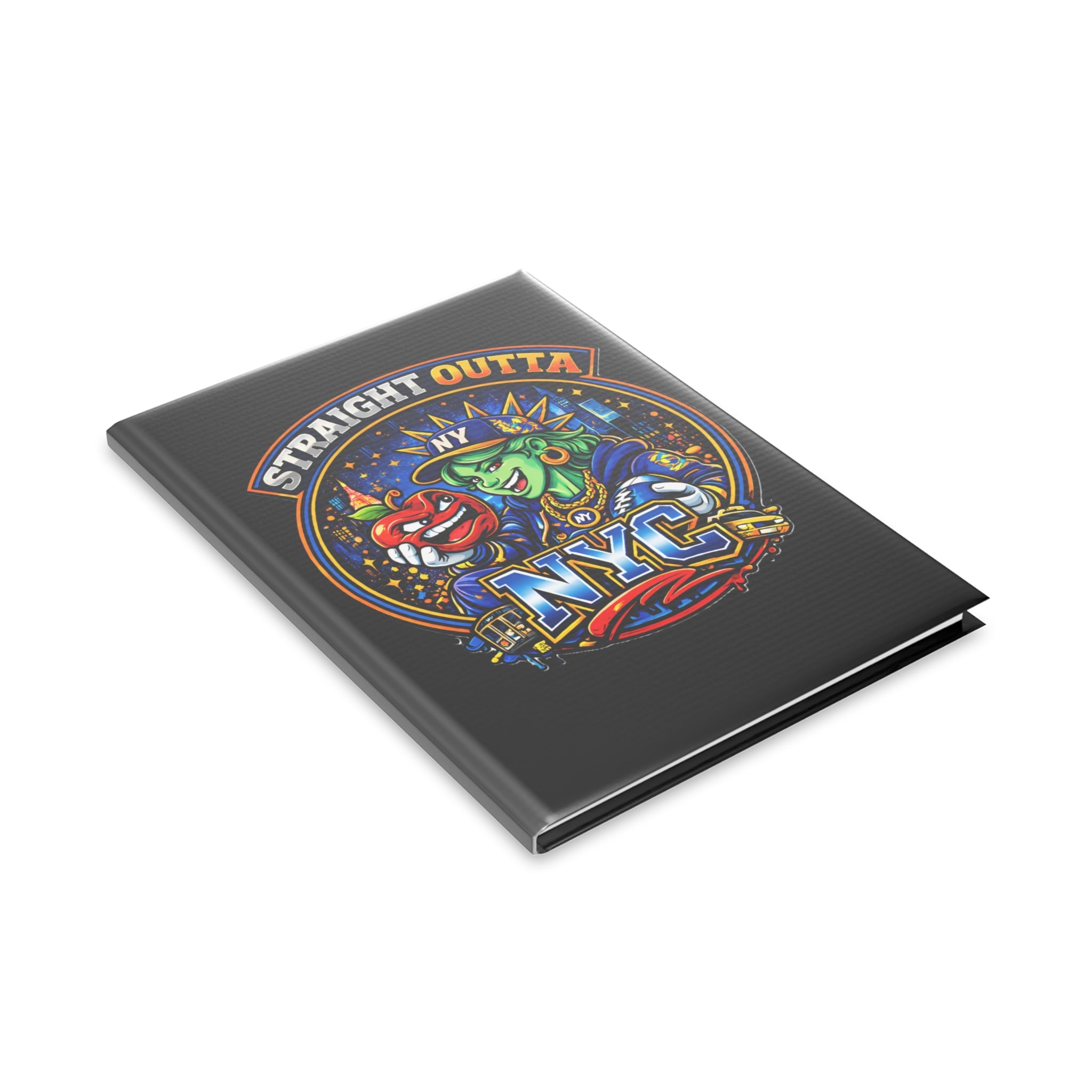 Black hardcover notebook with "Straight Outta NYC" and Statue of Liberty graphic, featuring paper journal design from TimeWarp Drip.
