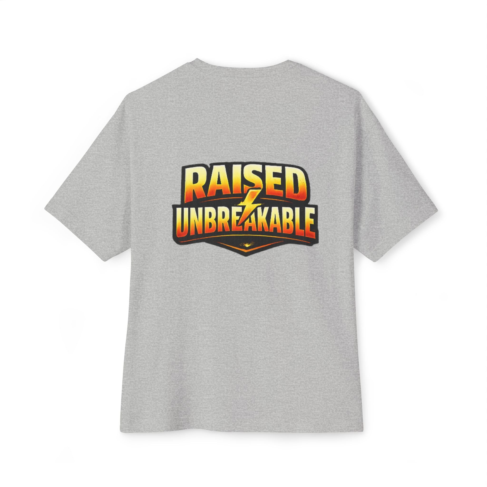 The Generation X Parenting "Come Get Em" Tee by TimeWarp Drip is a light gray, oversized boxy T-shirt in breathable cotton, featuring bold yellow and orange “RAISED UNBREAKABLE” text with a lightning bolt on the back.