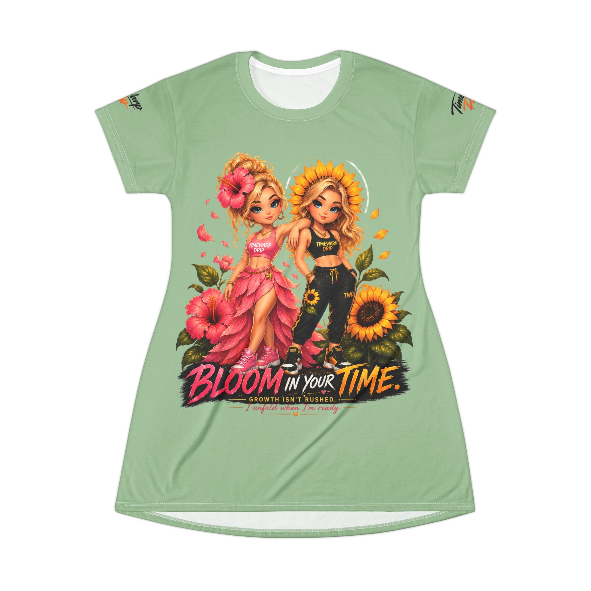 TimeWarp Drip Sunflower T-Shirt Dress, green floral drip, bloom print—summer streetwear for girls who own every moment. TimeWarp Drip exclusive. streetwear apparel
