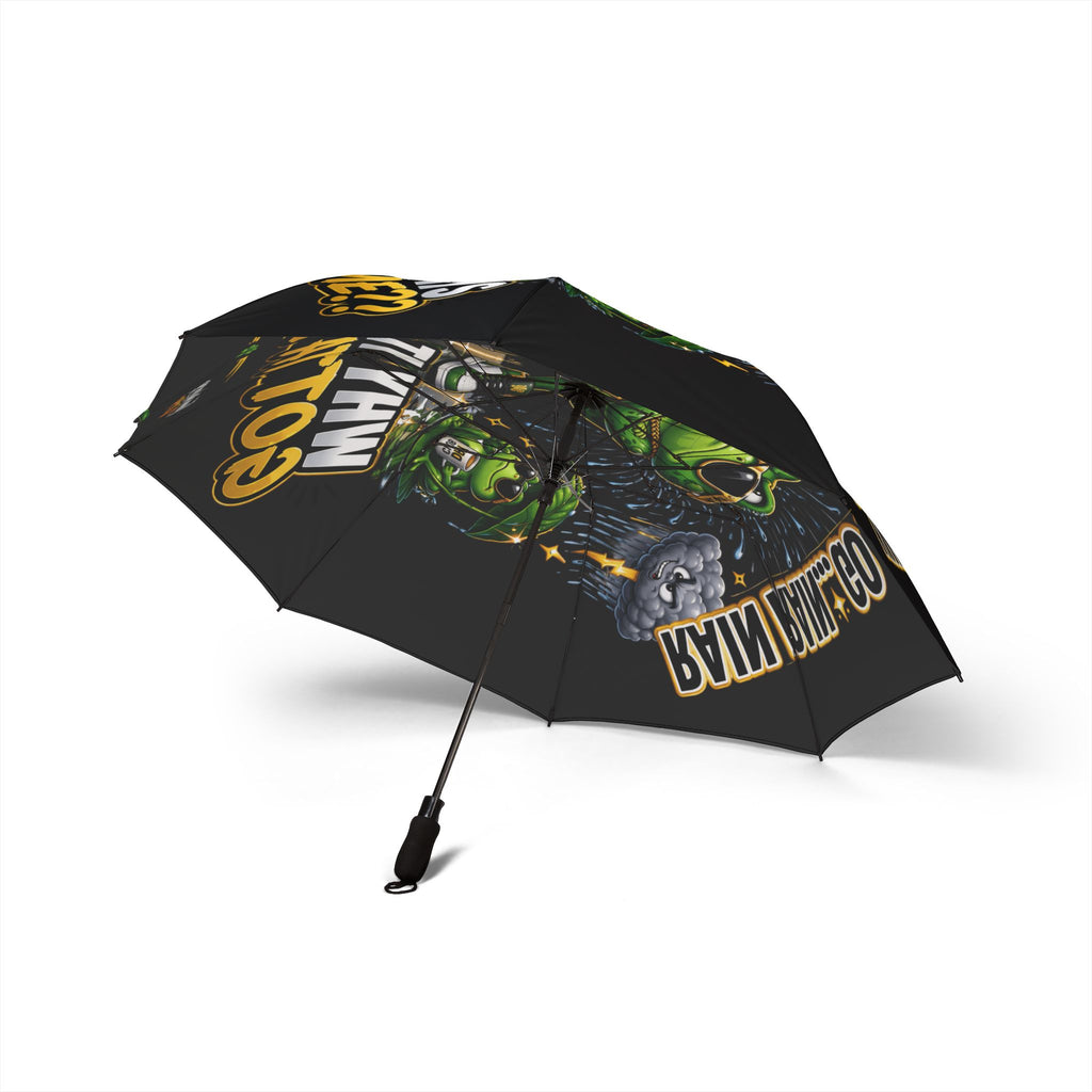 The Foldable Umbrella — 'Rain? Go Away' Frog Cartoon Waterproof (Black) by Printify features bold comic-style graphics and a green frog character, making it a stylish, portable choice for travel and on-the-go protection from rain.