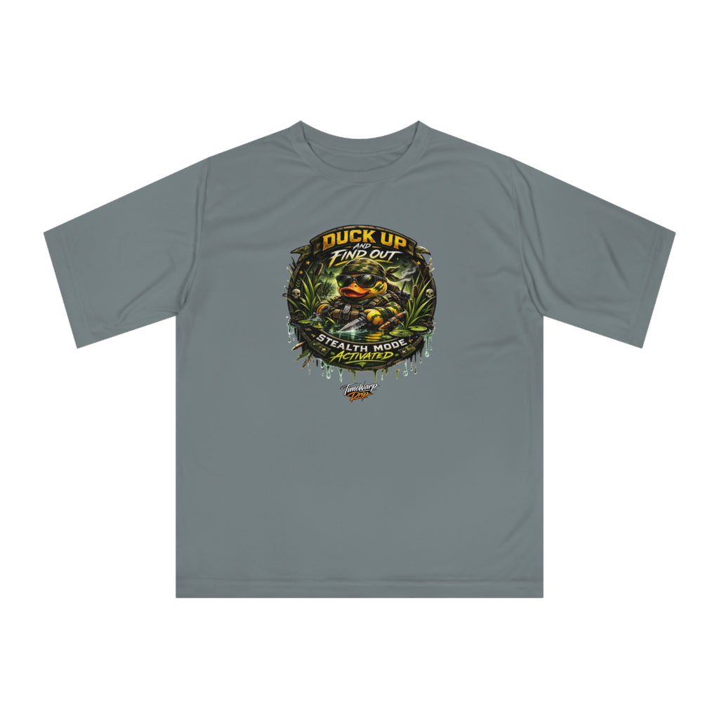 TimeWarp Drip Duck Up Find Out Tee: bold camo duck, "Stealth Mode Activated"—drip streetwear, XS–2XL. Level up your hunt fit!. Premium Urban Fashionapparel