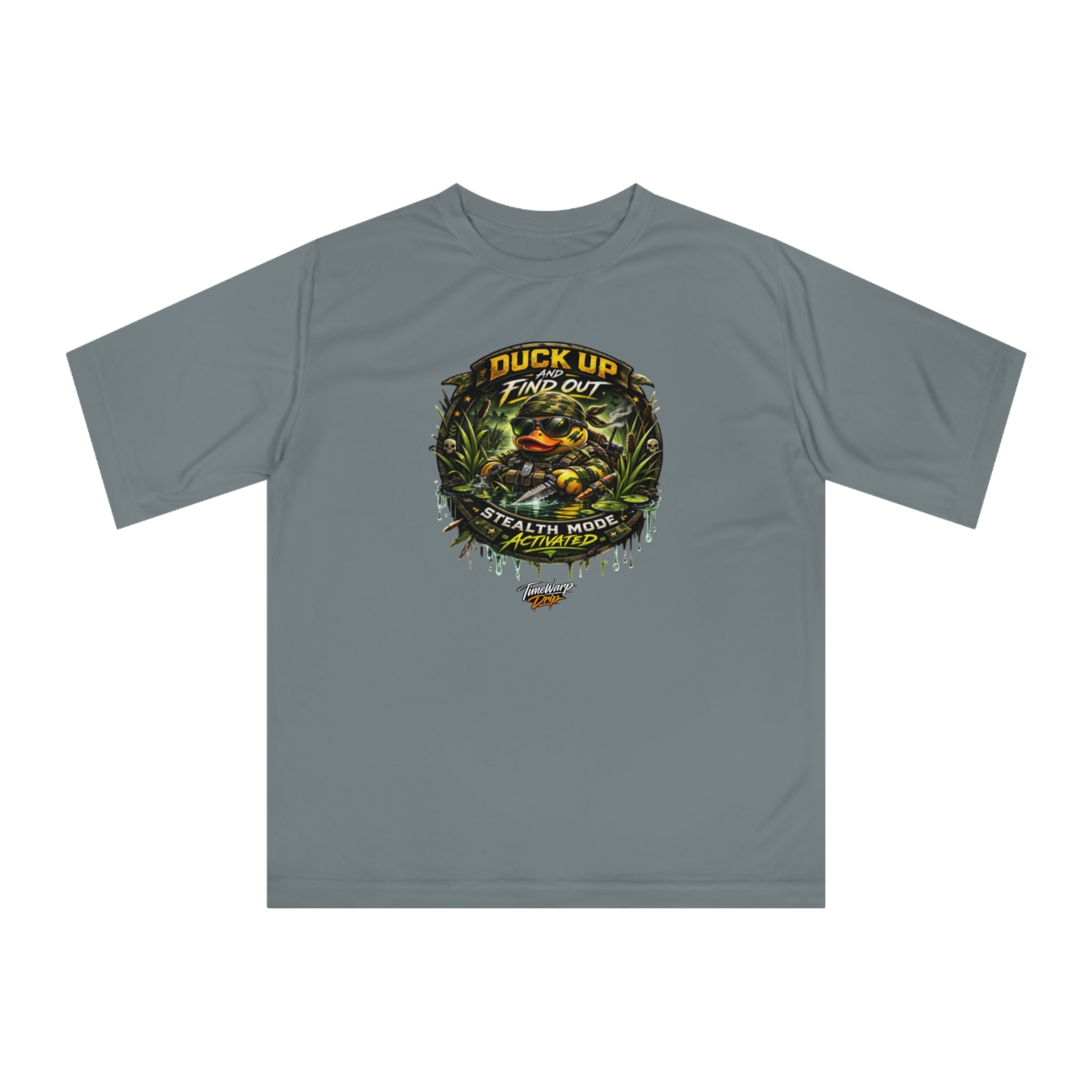 TimeWarp Drip Duck Up Find Out Tee: bold camo duck, "Stealth Mode Activated"—drip streetwear, XS–2XL. Level up your hunt fit!. Premium Urban Fashionapparel