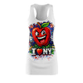 White racerback dress with "Big Apple Attitude" all-over print featuring New York City skyline and I LOVE NY logo.