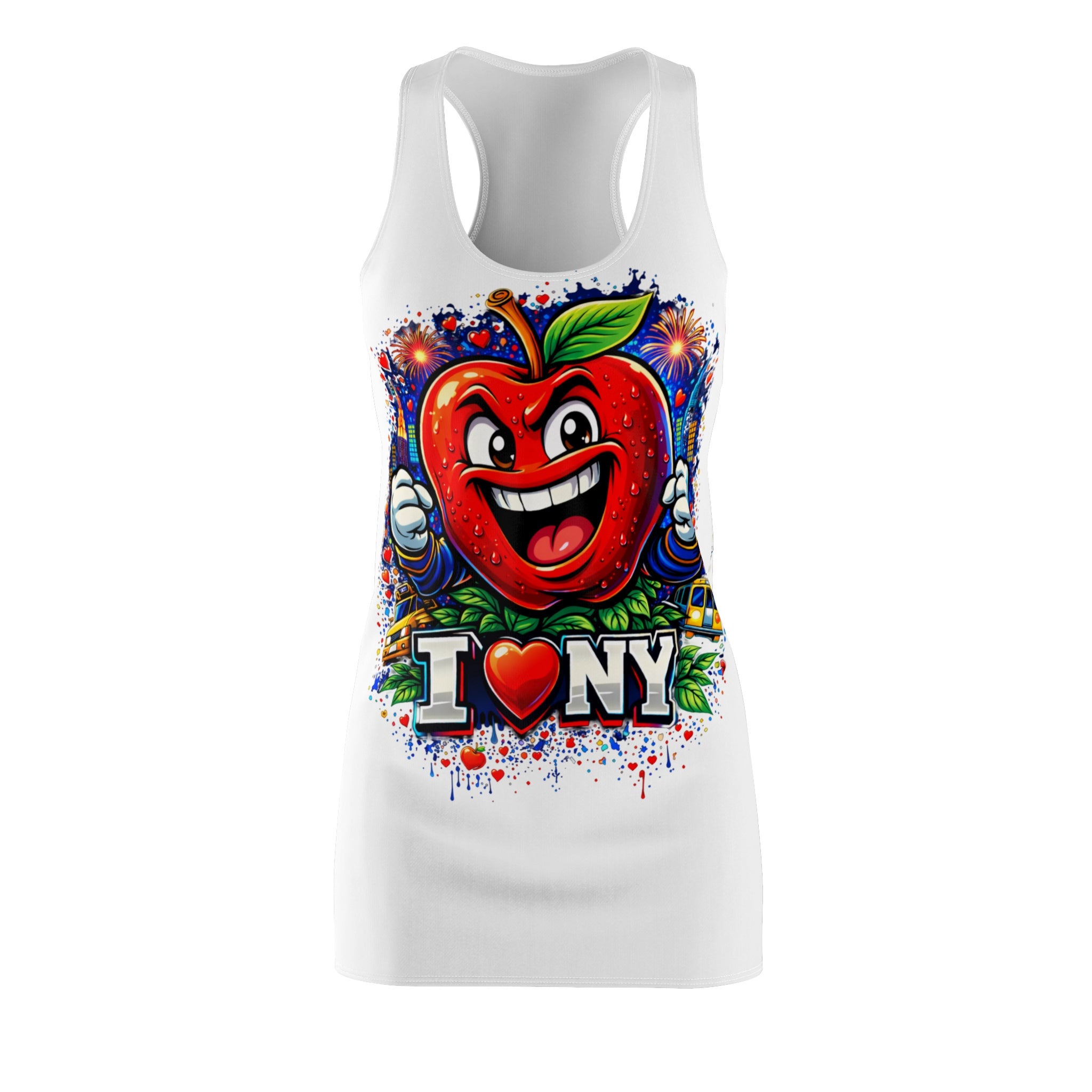 White racerback dress with "Big Apple Attitude" all-over print featuring New York City skyline and I LOVE NY logo.