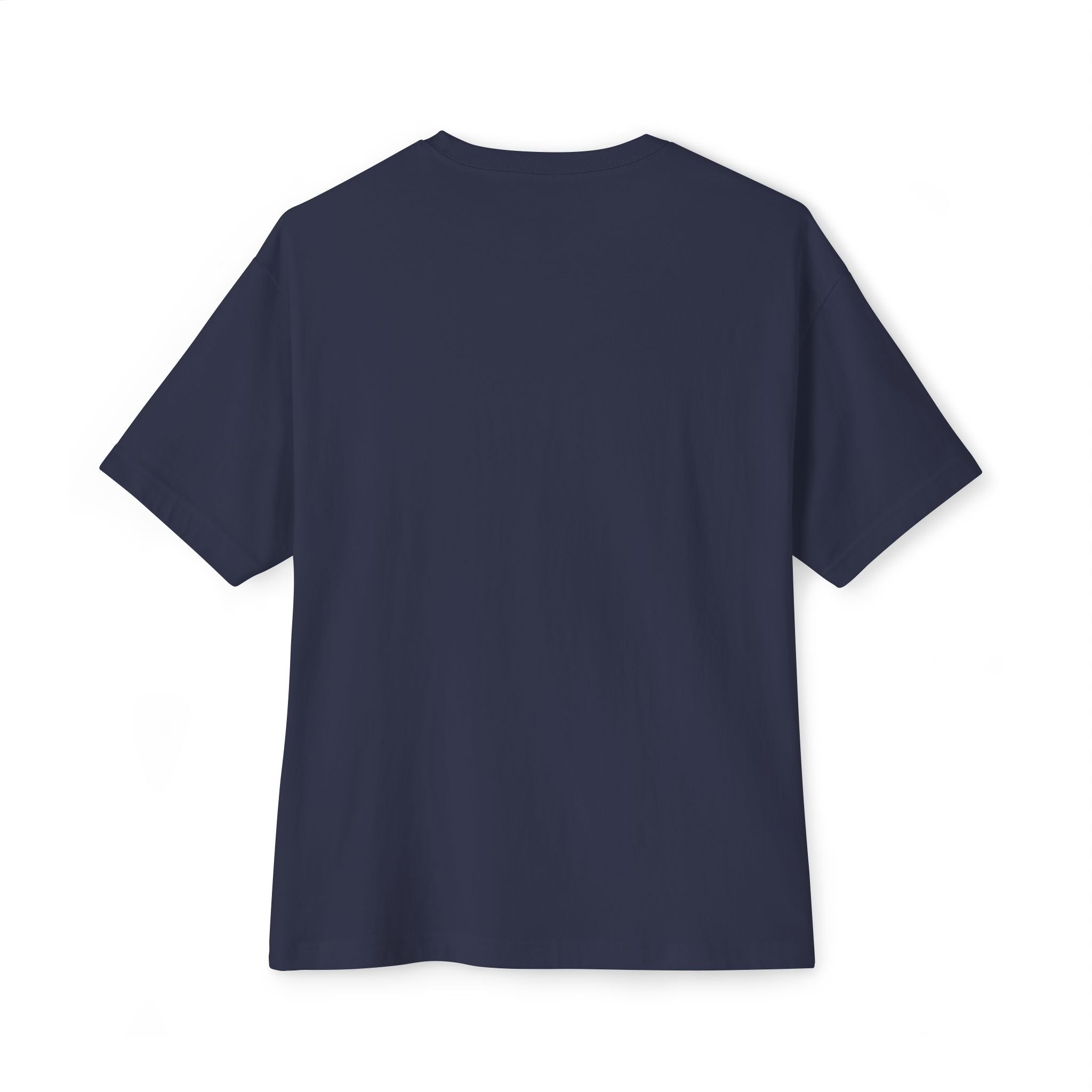 The Crowned In Every Era Unisex Oversized Boxy Tee, featuring short sleeves and a relaxed fit in navy blue, is shown from the back against a white background.