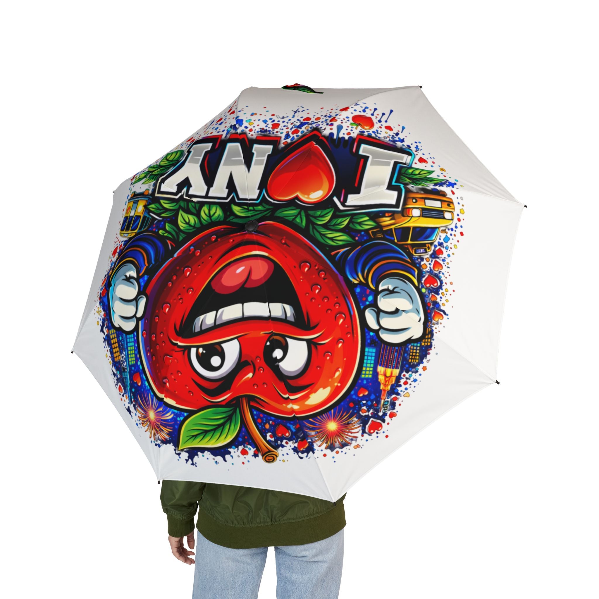 White I Love NYC foldable rain umbrella with colorful design, semi-automatic rain umbrella accessory by TimeWarp Drip.