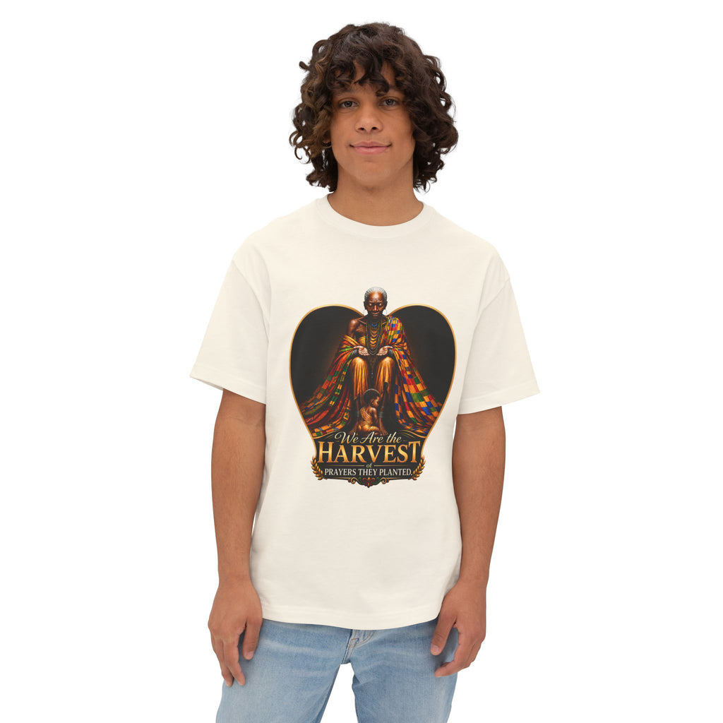 TimeWarp Drip – Oversized black boxy tee with "We Are the Harvest" text, worn street style for fearless urban statement and generational energy. | premium streetwear