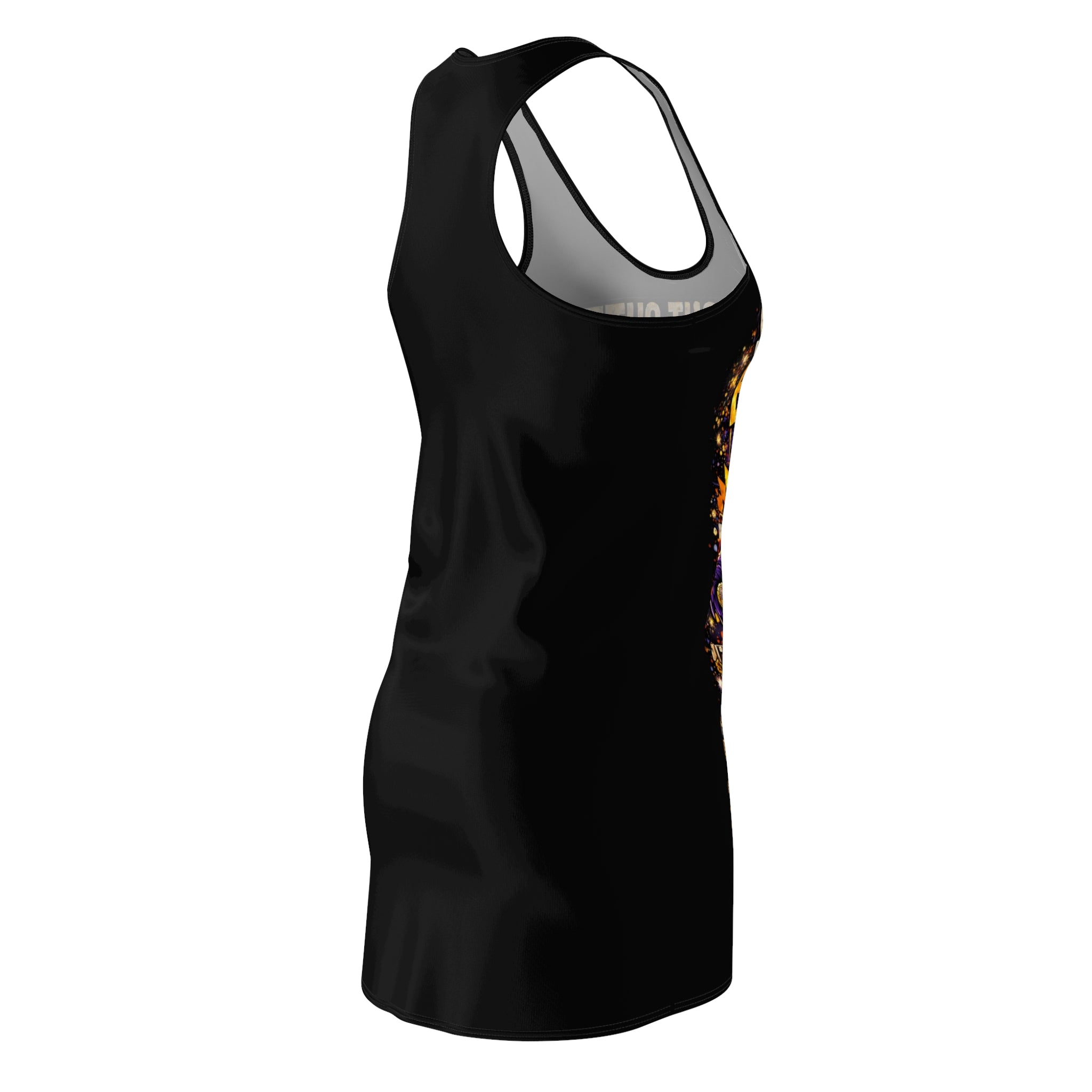 TimeWarp Drip Black Printify Racerback Dress, side view—blazing “Straight Outta Baltimore Charm City Attitude” streetwear graphic pops bold. streetwear apparel
