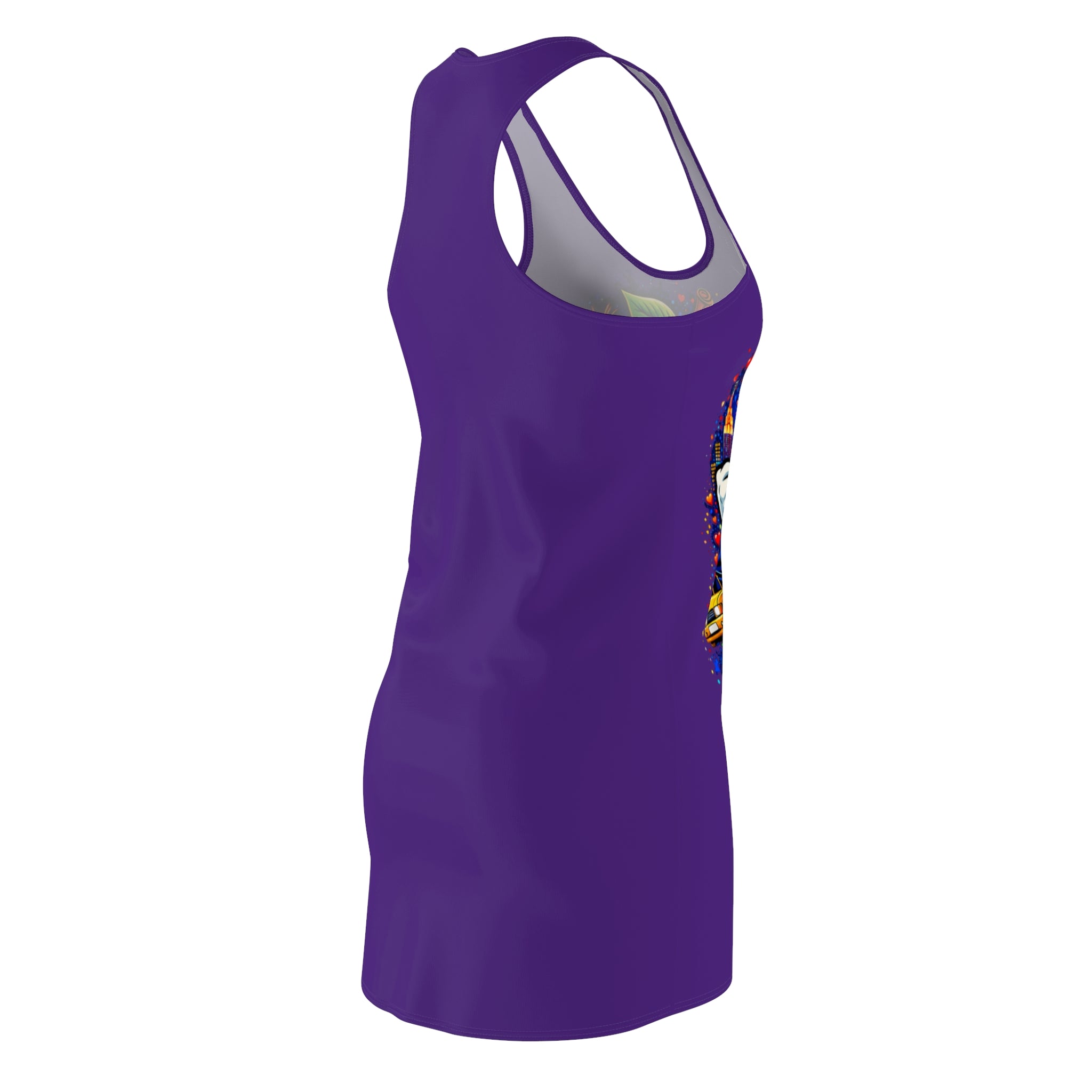 Purple racerback dress with all-over "Big Apple Attitude" print by TimeWarp Drip, featuring vibrant New York City-themed design.