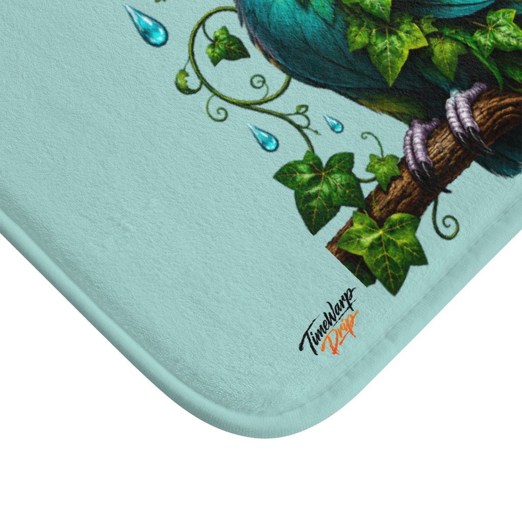TimeWarp Drip Aqua Parrot Bath Mat—fly blue street style, bold bird claws, drippy ivy, water drops. Wake up fresh .