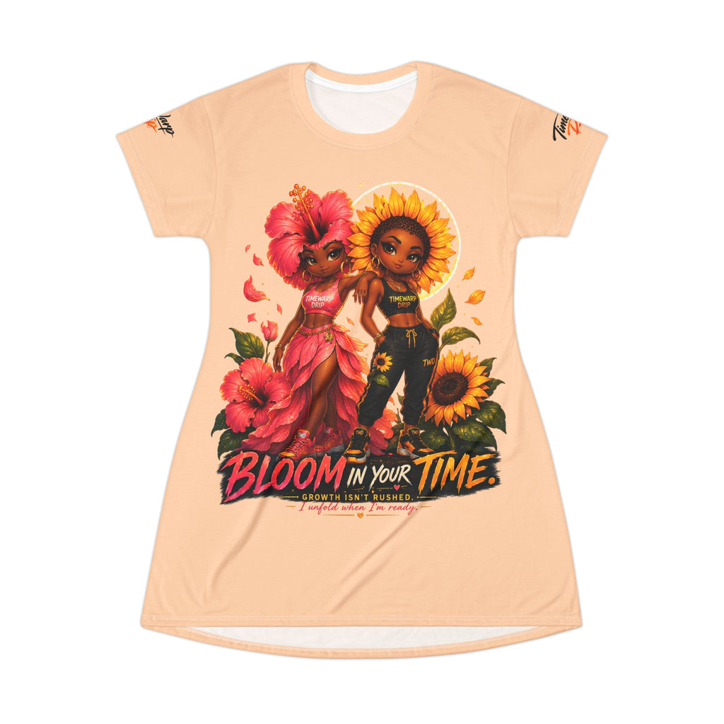 TimeWarp Drip Level up in TimeWarp Drip’s Bloom In Your Time peach T-shirt dress—bold sunflower drip, streetwise style, and statement text. streetwear apparel