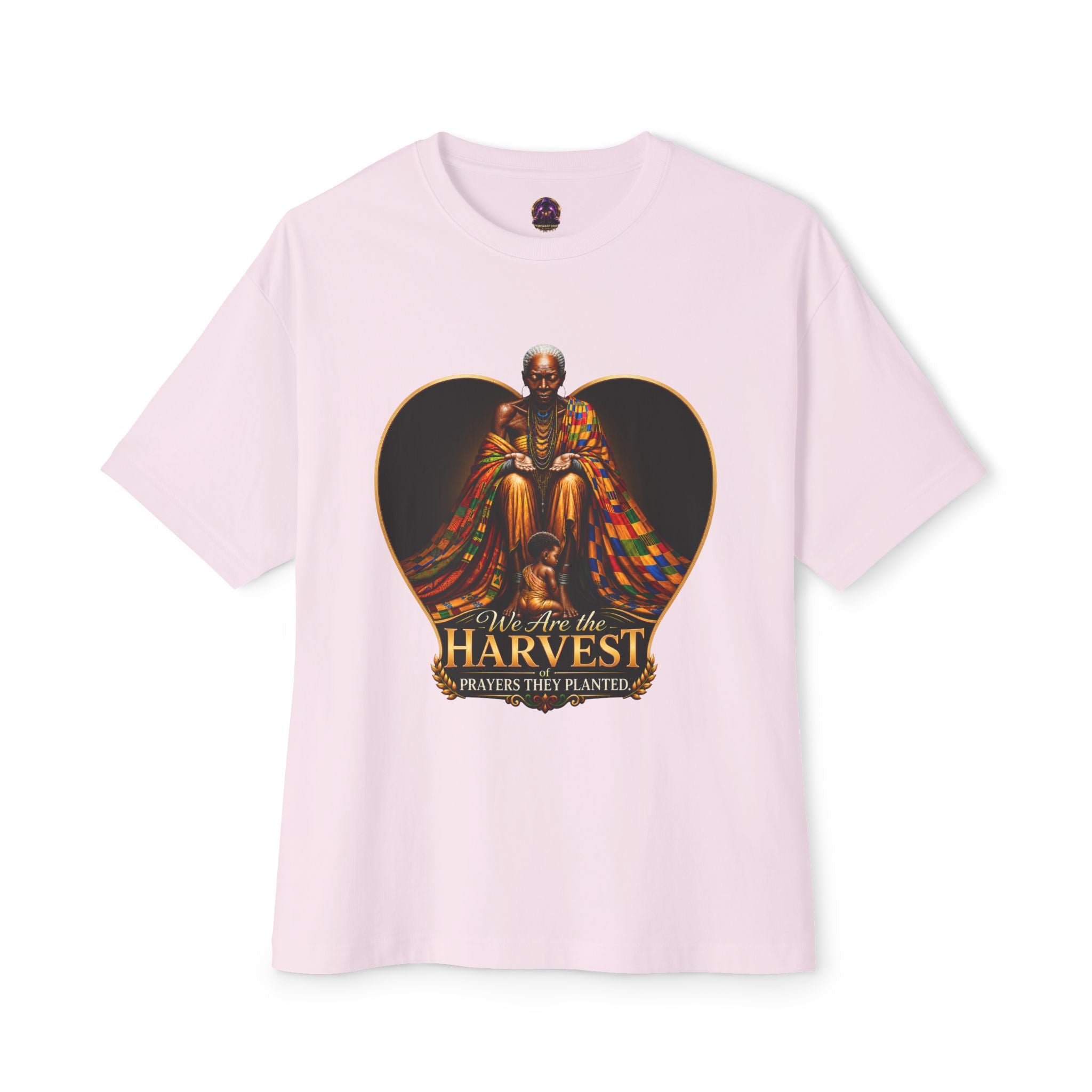 TimeWarp Drip – Oversized black tee, boxy fit, elder in flowing robes graphic, bold white text: We Are the Harvest, Prayers They Planted. | premium streetwear