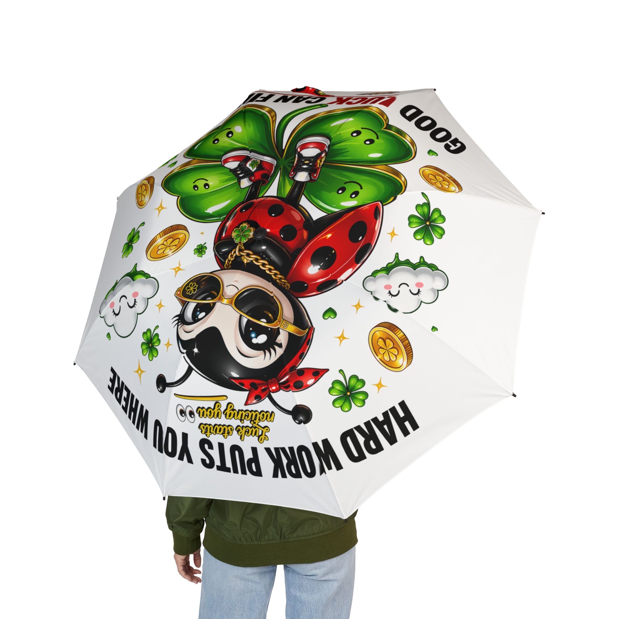 TimeWarp Drip Streetwise vibes: Printify black foldable umbrella, cute ladybug drip, clovers, coins, bold luck quote—own the rain!. streetwear apparel