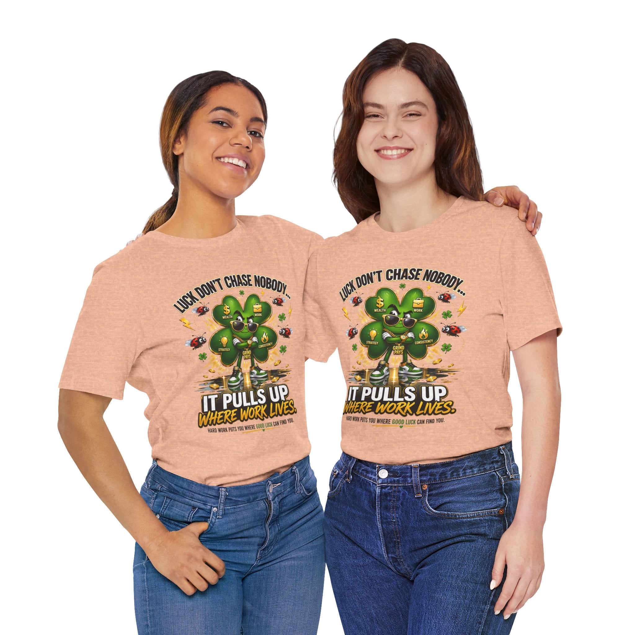 TimeWarp Drip Two women flex in bold black Printify streetwear tees, rocking “Luck Don’t Chase Nobody” 4-leaf clover graphic in style. streetwear apparel