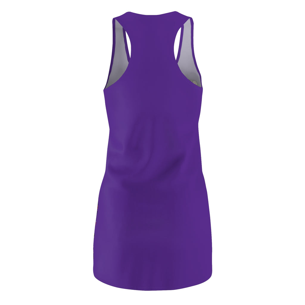 The Printify Purple Racerback Dress - Straight Outta Baltimore - "Charm City Attitude" features a sleeveless racerback design in solid purple, shown from the back against a white background.