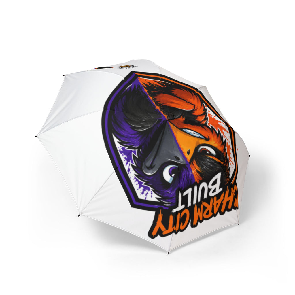 TimeWarp Drip White “Charm City Built” foldable umbrella drips with a bold bull mascot and waterproof swag—street style, rain or shine. 
