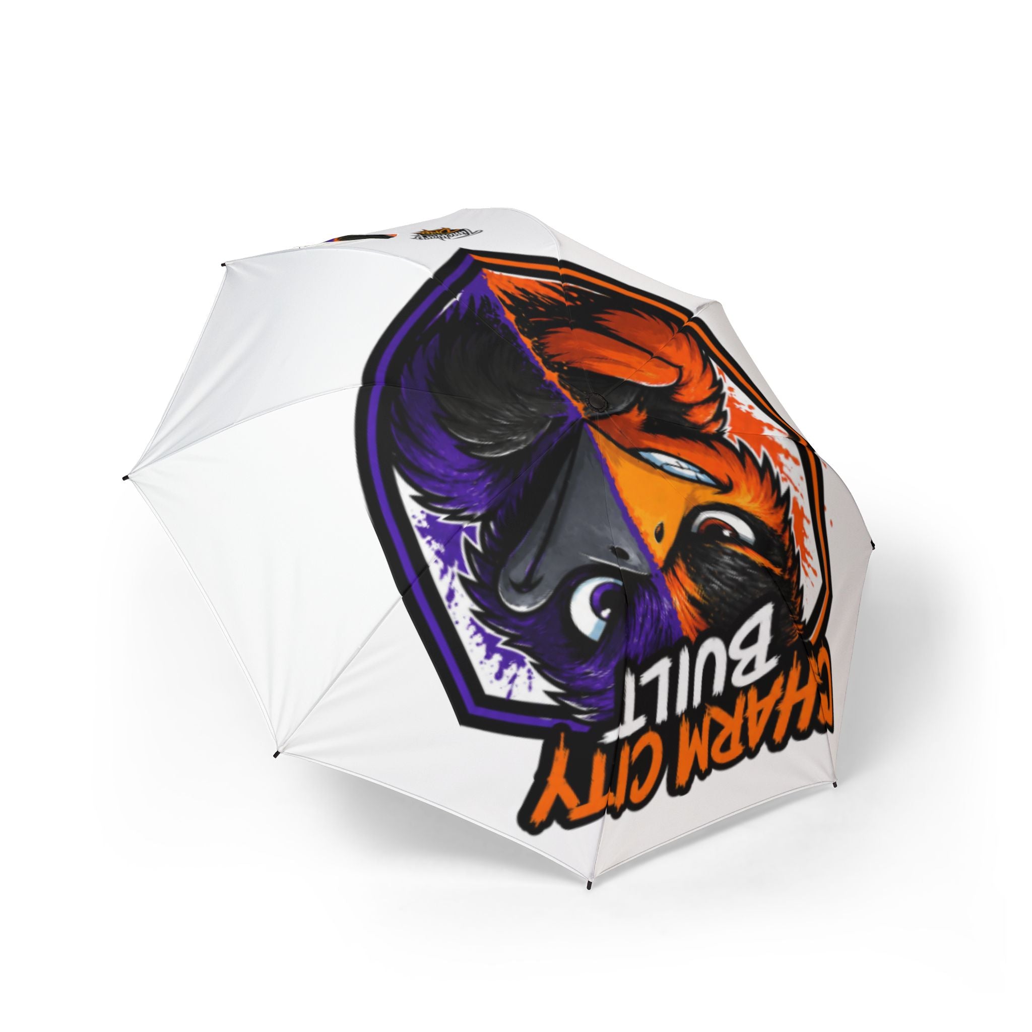 TimeWarp Drip White “Charm City Built” foldable umbrella drips with a bold bull mascot and waterproof swag—street style, rain or shine. 