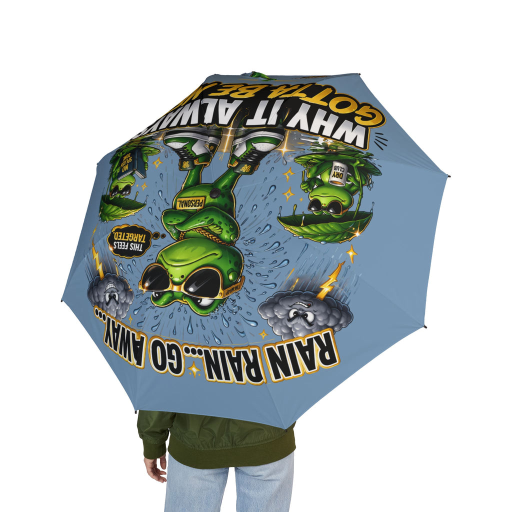 TimeWarp Drip Person flexes Printify blue frog 'Rain? Go Away' umbrella—foldable, waterproof drip for stylish, on-the-go rain warriors. streetwear apparel