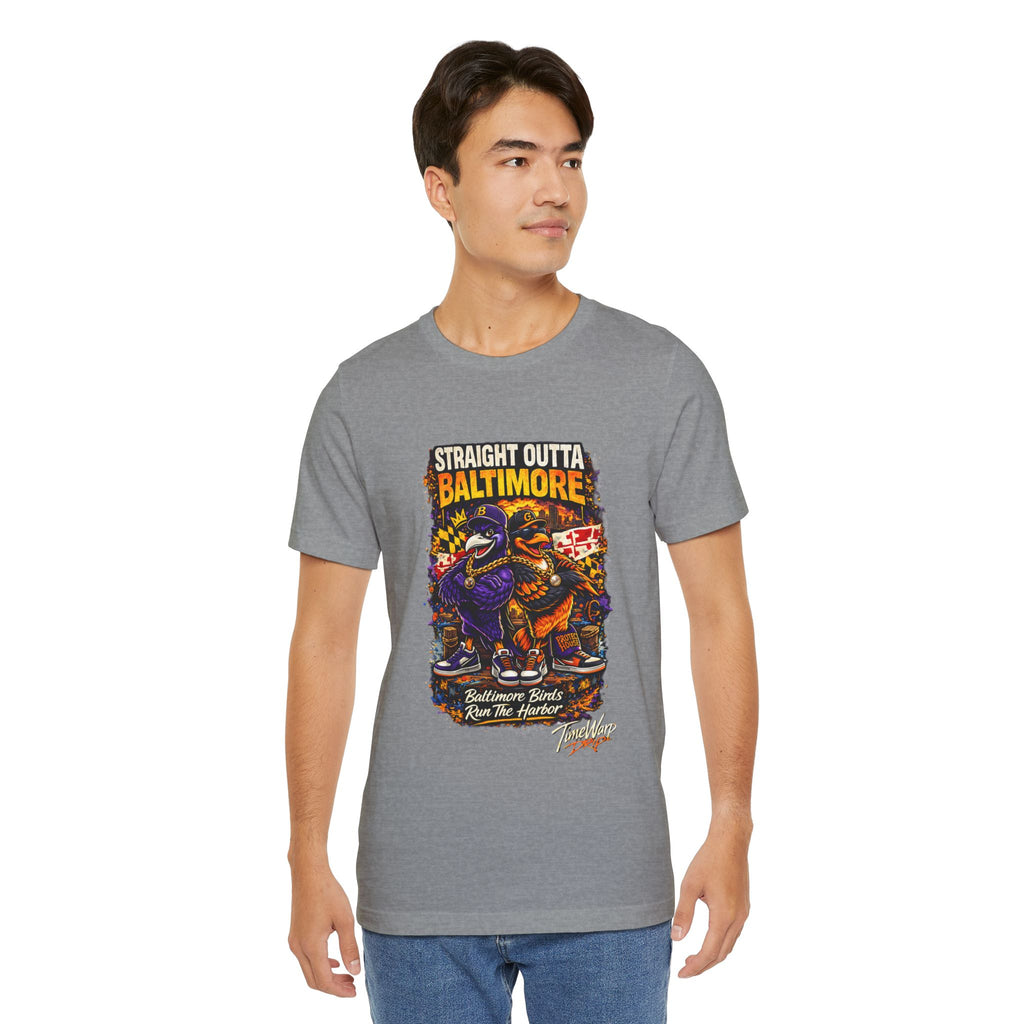 TimeWarp Drip Man rocking a black TimeWarp Drip Straight Outta Baltimore tee—bold streetwear vibes, fan graphic style, turning heads sideways. streetwear apparel