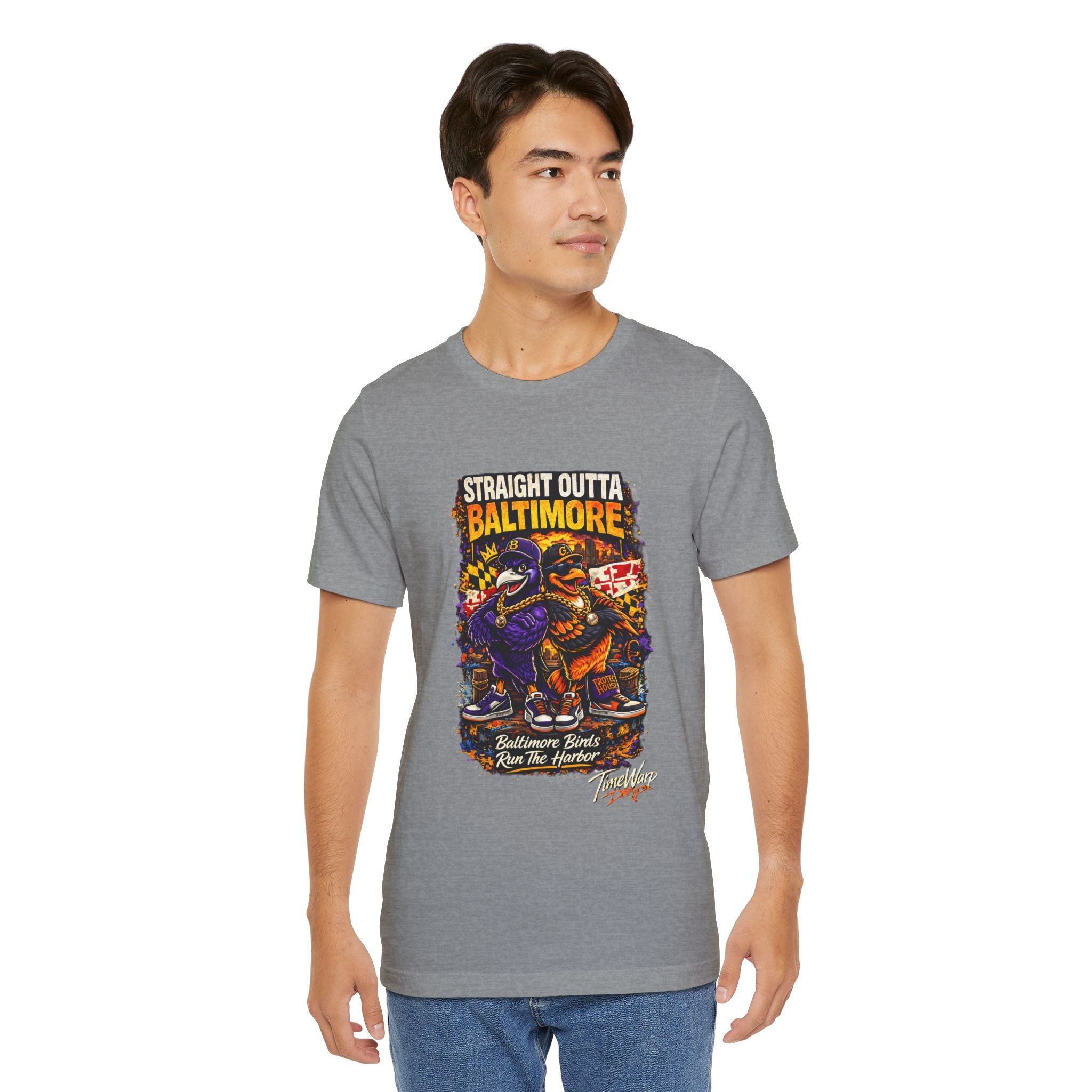 TimeWarp Drip Man rocking a black TimeWarp Drip Straight Outta Baltimore tee—bold streetwear vibes, fan graphic style, turning heads sideways. streetwear apparel