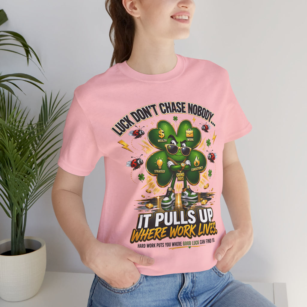 TimeWarp Drip Confident woman rocks black Luck Don't Chase Nobody tee—4-leaf clover pops on street-ready Printify shirt. streetwear apparel