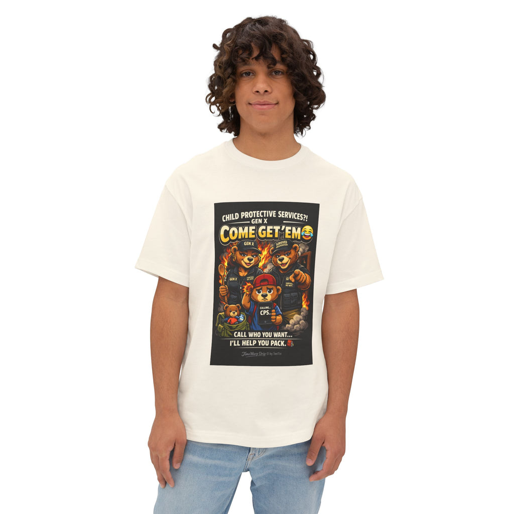 A young person with curly hair wears the Generation X Parenting "Come Get Em" Oversized Boxy T-Shirt by TimeWarp Drip, a breathable cotton tee with colorful cartoon graphics and bold text, paired with light blue jeans.