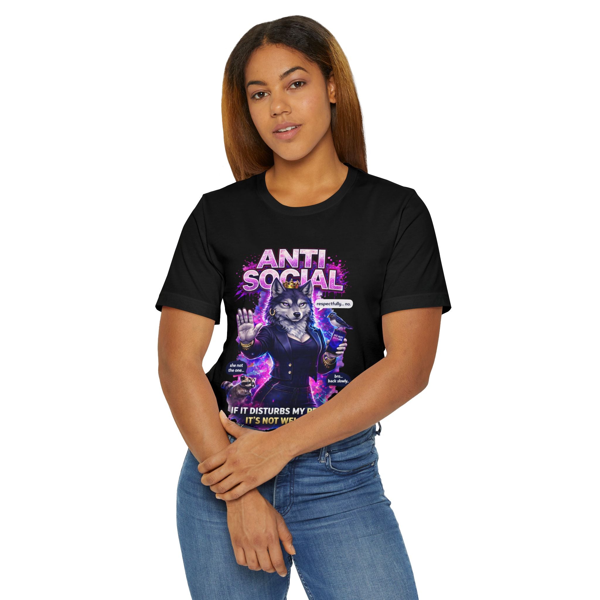 A woman with long, straight hair stands against a plain white background, wearing the Anti Social She-Wolf T-Shirt—a black funny introvert graphic tee featuring a snarky design.