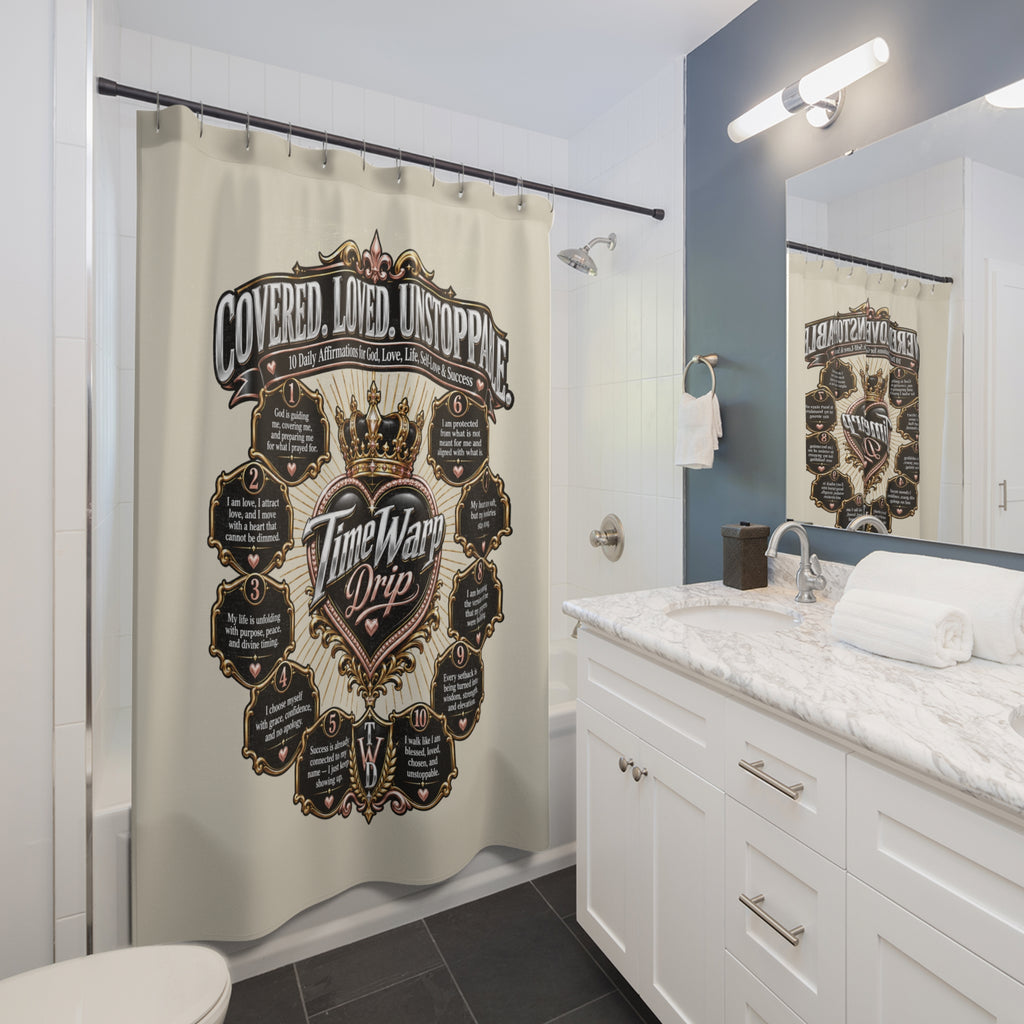 TimeWarp Drip Sleek bathroom flaunts Printify’s bold Daily Affirmations shower curtain, crisp white cabinets, marble drip counter—unstoppable style!. streetwear apparel