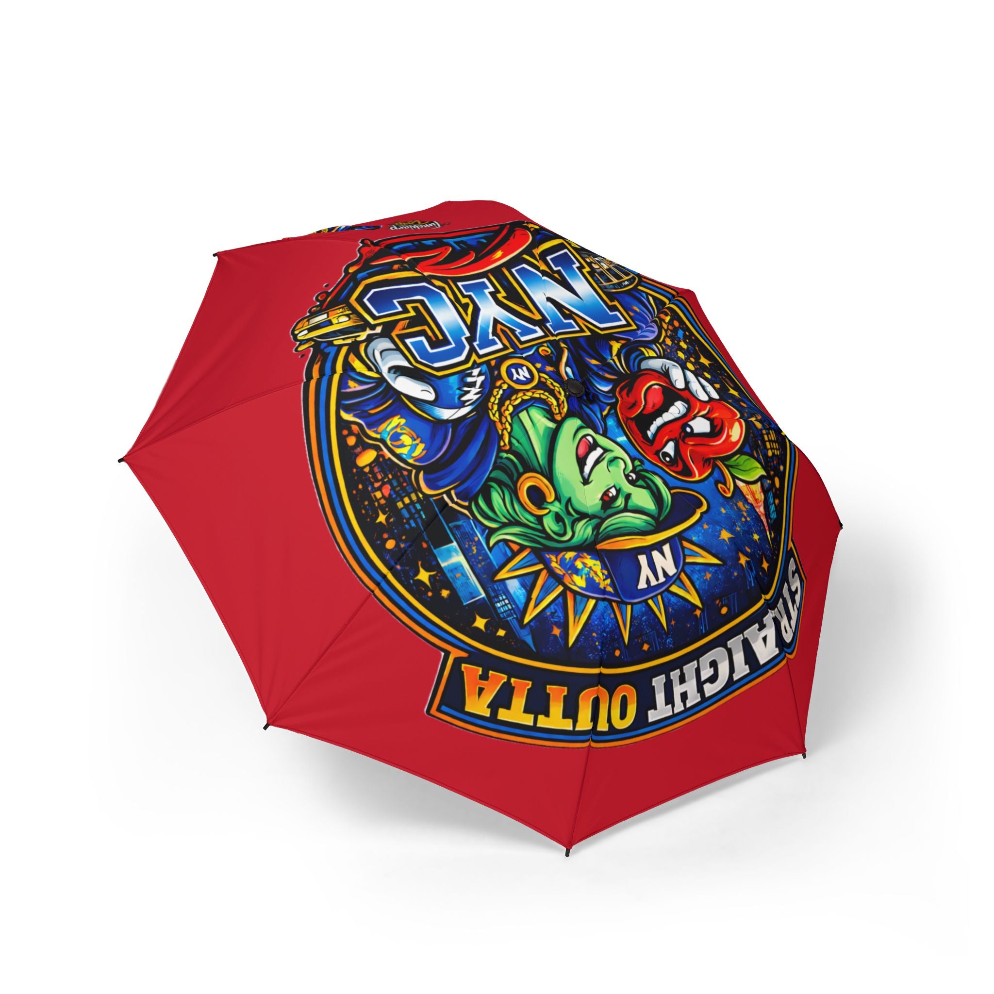 Red NYC Night Out foldable umbrella with colorful design, semi-automatic rain umbrella from TimeWarp Drip, compact and stylish accessories.