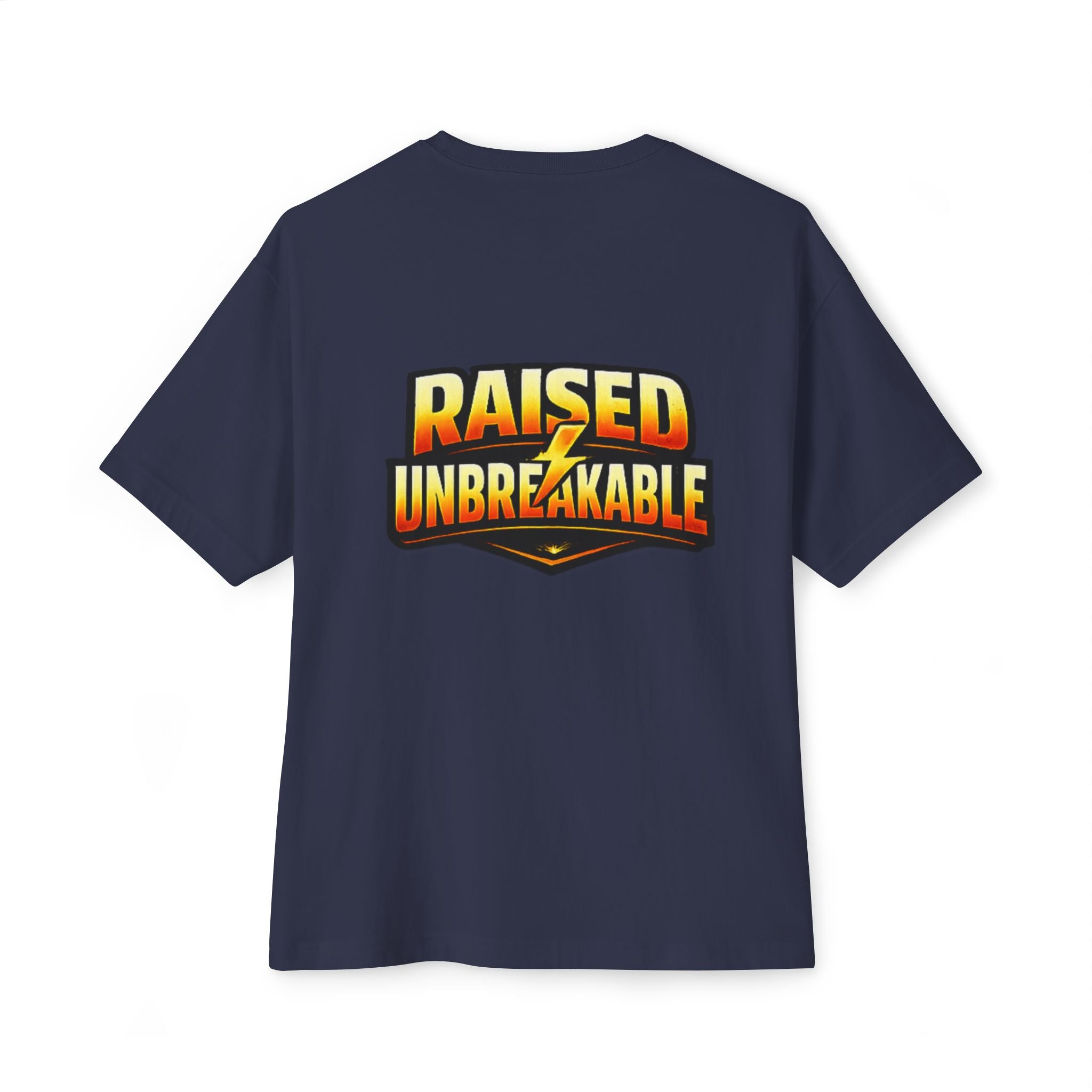 Generation X Parenting "Come Get Em" Tee by TimeWarp Drip—an oversized navy blue cotton boxy t-shirt with bold yellow and orange "RAISED UNBREAKABLE" text (lightning bolt as the A) on the back, ideal for Gen X parenting fans.