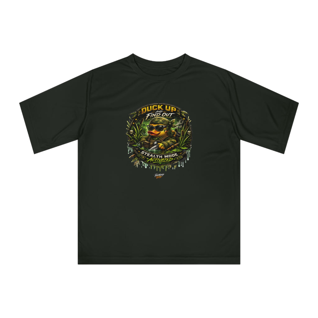 TimeWarp Drip Duck Up Find Out camo duck graphic tee for women—white Premium Urban Fashionshirt, bold vibe. Sizes XS-2XL. Check size chart. Premium Urban Fashionapparel