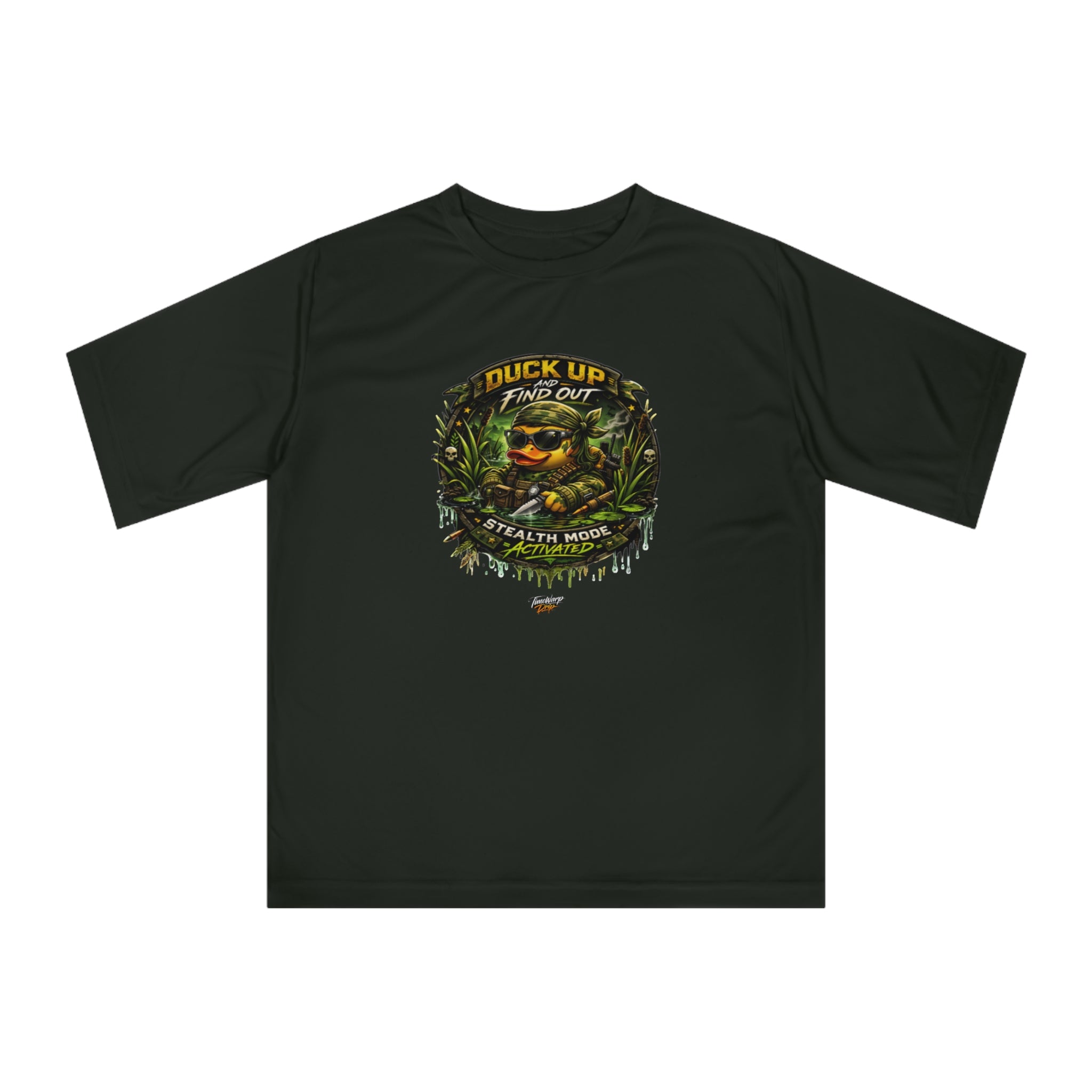 TimeWarp Drip Duck Up Find Out camo duck graphic tee for women—white Premium Urban Fashionshirt, bold vibe. Sizes XS-2XL. Check size chart. Premium Urban Fashionapparel