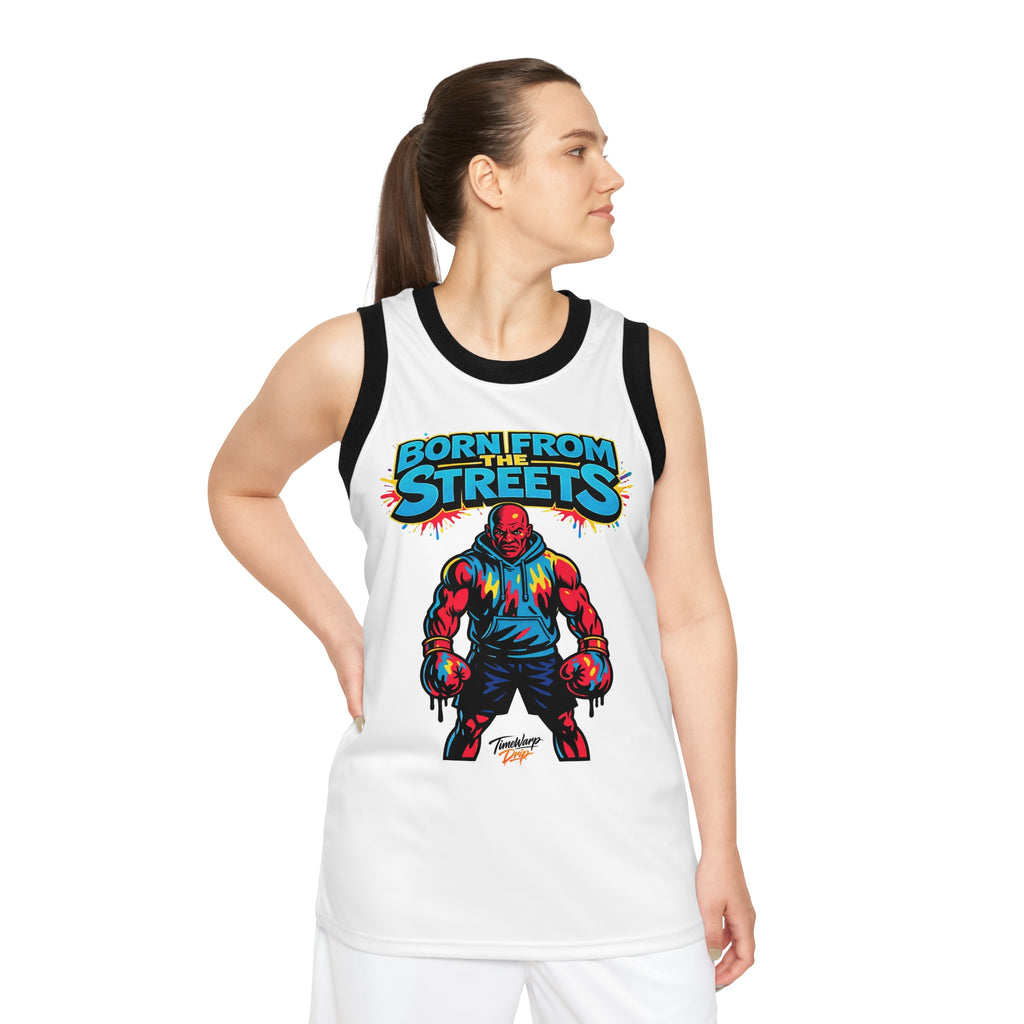 White Born From The Streets graphic jersey with all-over print design, showcasing bold street-inspired artwork on a comfortable shirt.