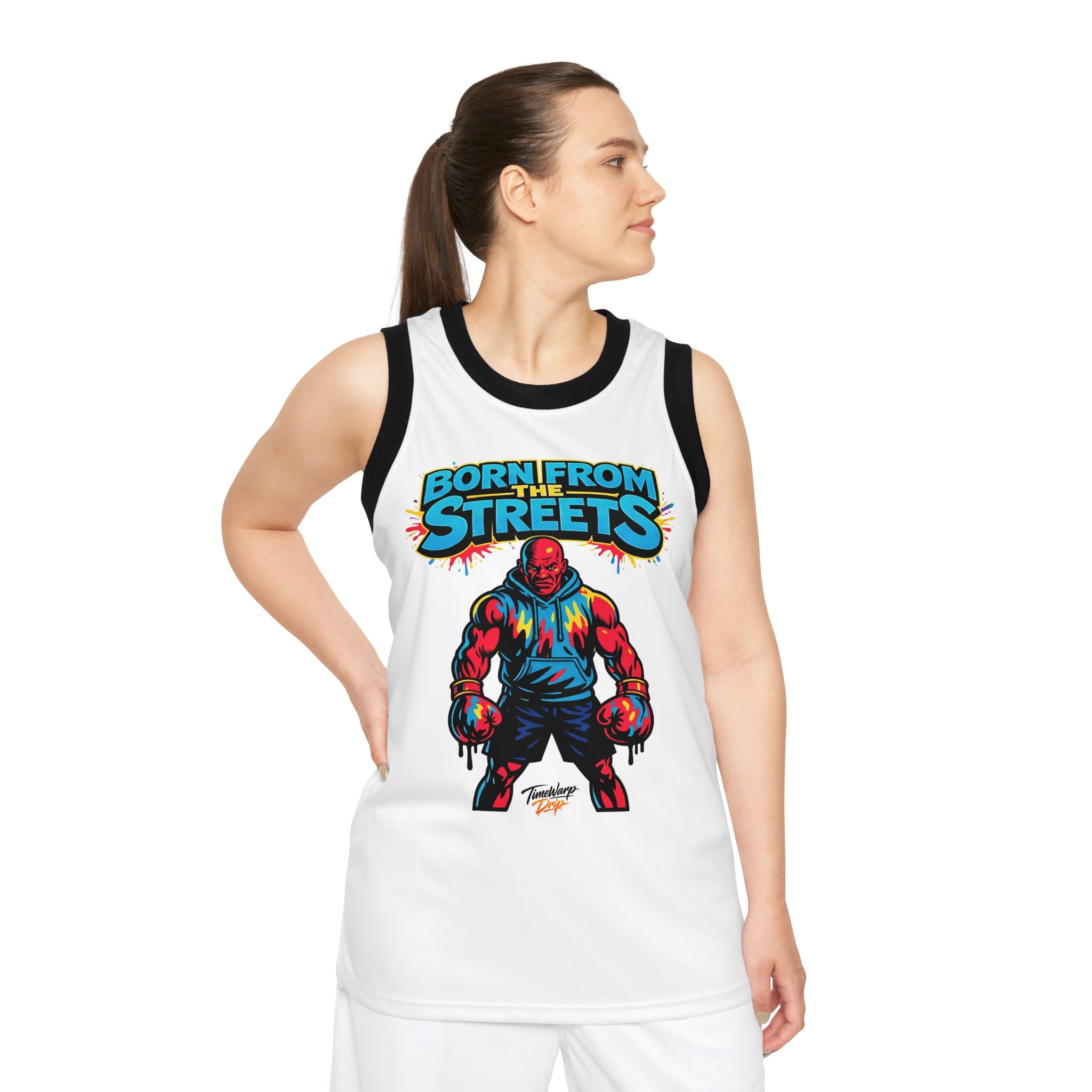 White Born From The Streets graphic jersey with all-over print design, showcasing bold street-inspired artwork on a comfortable shirt.