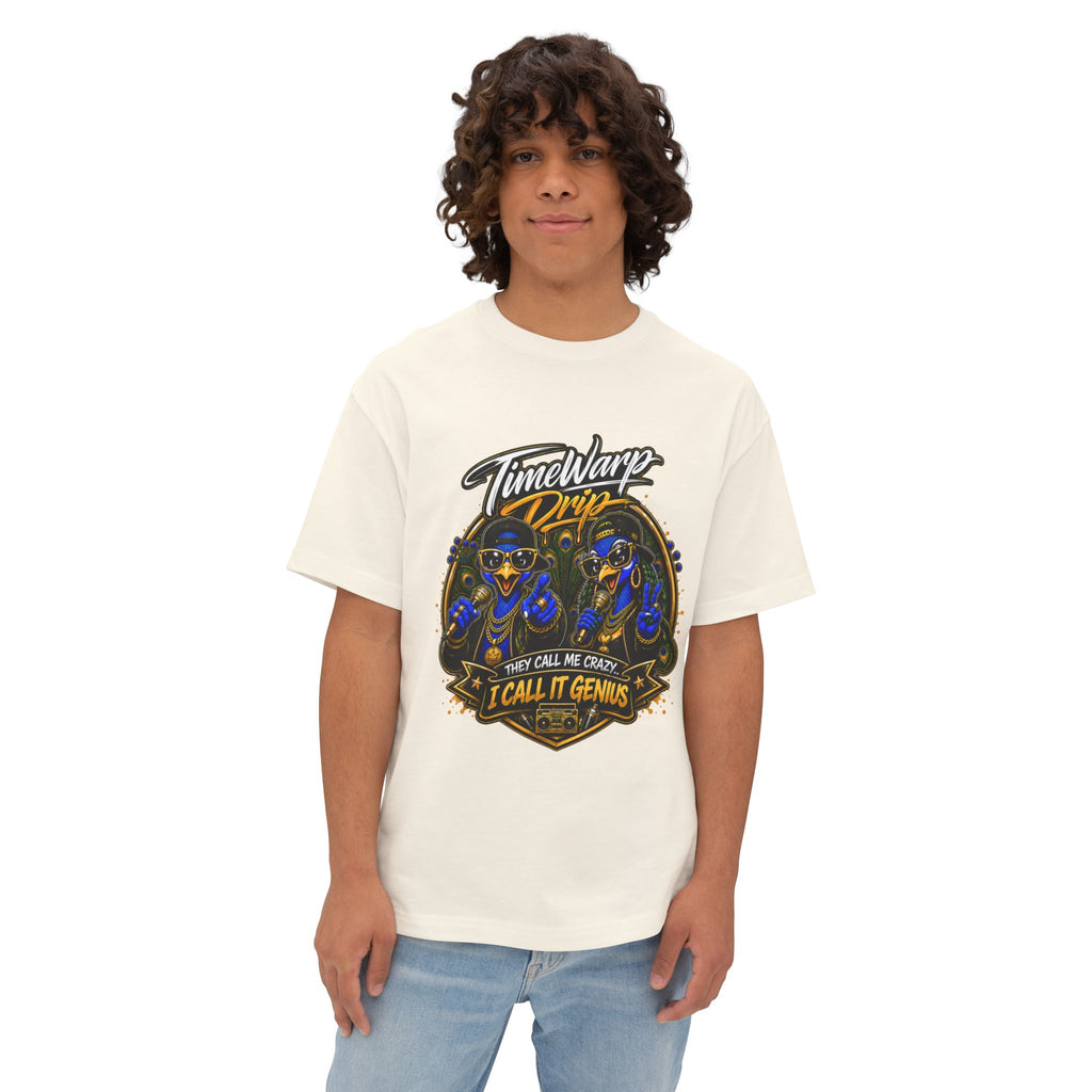 TimeWarp Drip – Oversized white boxy tee with “They Call Me Crazy I Call It Genius” text, dual peacock street art, paired with blue jeans. | premium streetwear