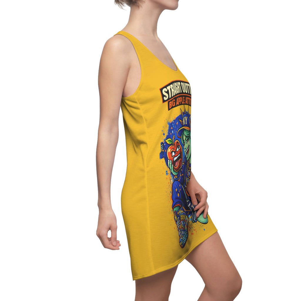 Yellow racerback dress with all-over NYC "Big Apple Attitude" print, featuring vibrant colors and bold urban design by TimeWarp Drip.