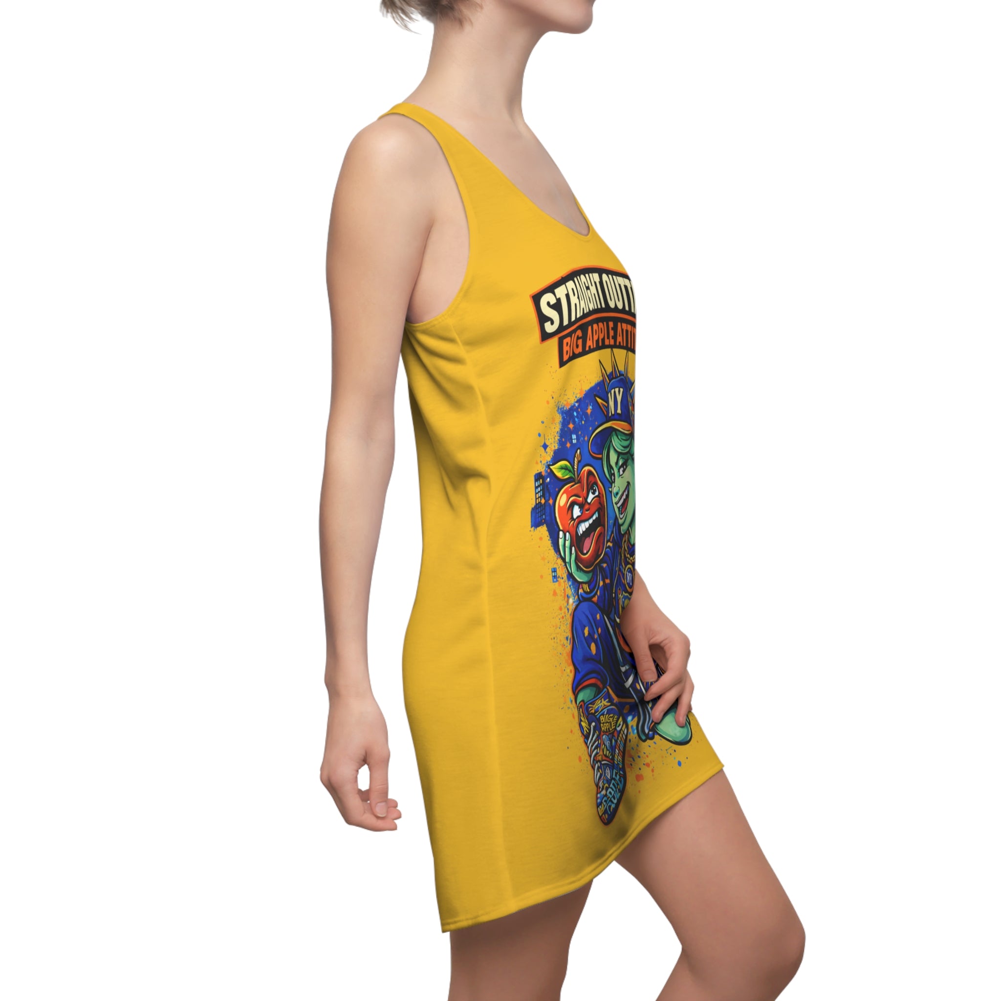 Yellow racerback dress with all-over NYC "Big Apple Attitude" print, featuring vibrant colors and bold urban design by TimeWarp Drip.
