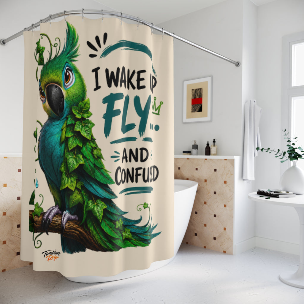 TimeWarp Drip shower curtain drips bold with a green ivy parrot—tropical vibes and streetwear swagger for your bathroom style. 