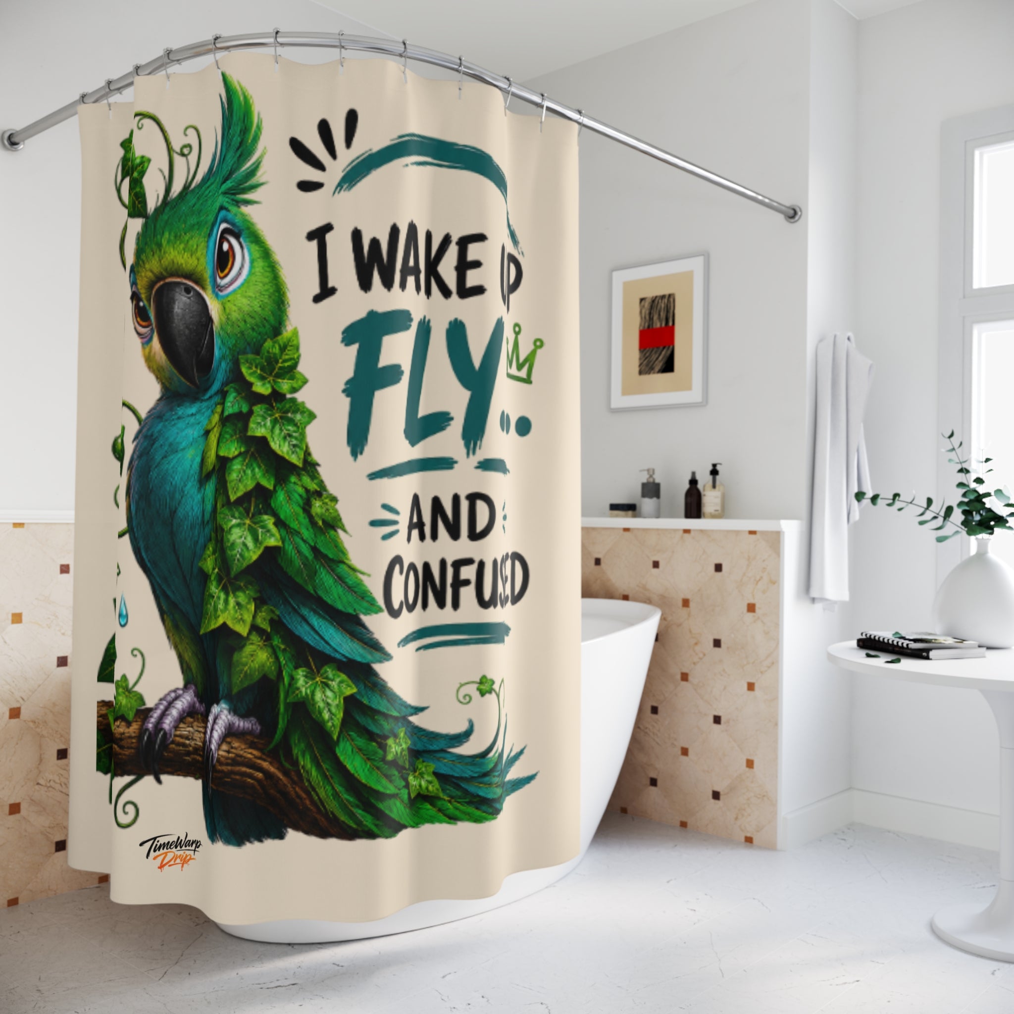 TimeWarp Drip shower curtain drips bold with a green ivy parrot—tropical vibes and streetwear swagger for your bathroom style. 