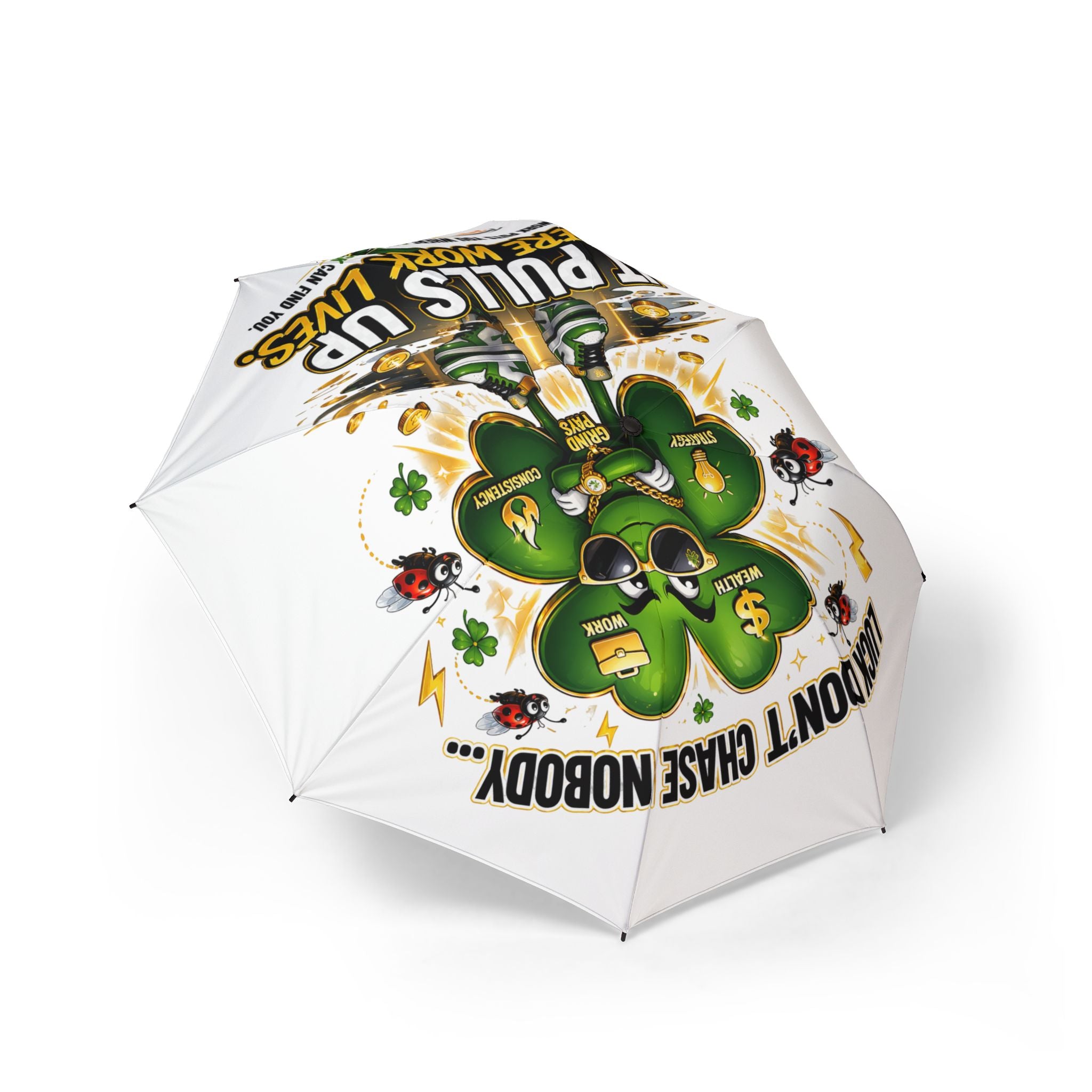 TimeWarp Drip Printify Lucky Clover white foldable umbrella—bold streetwear drip, cartoon clovers poppin’ for St. Patrick’s Day flair. streetwear apparel