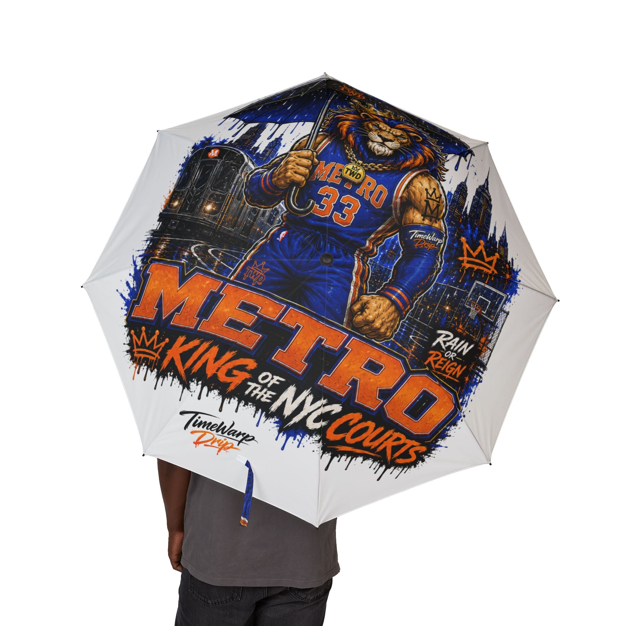 Semi-Automatic Foldable Umbrella — Metro Lion “Rain or Reign: The Lion’s Court” Basketball Graphic (White)