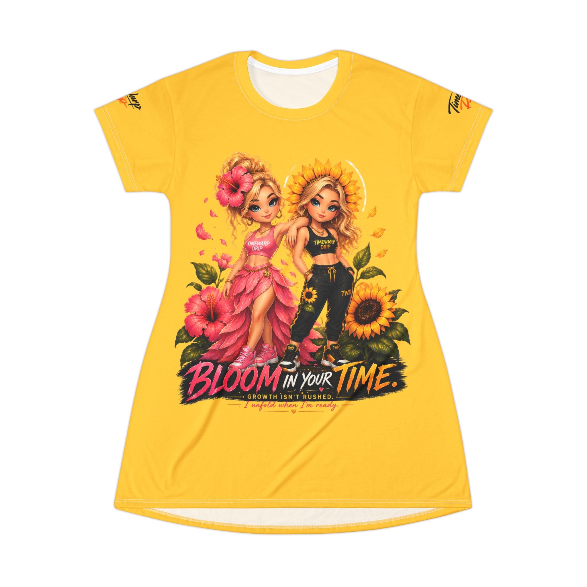 TimeWarp Drip Level up in the Bloom In Your Time Sunflower T-Shirt Dress—yellow floral AOP, TimeWarp Drip. Streetwise summer energy, all day. streetwear apparel