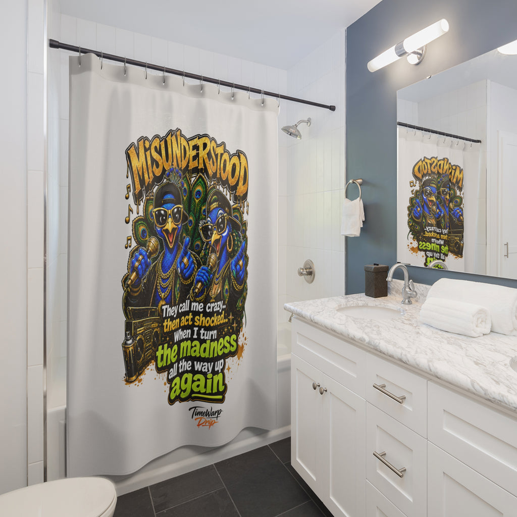 TimeWarp Drip – White vanity bathroom, bold MISUNDERSTOOD Peacock Rap Duo shower curtain in hip-hop street art style, vibrant city energy. | premium streetwear