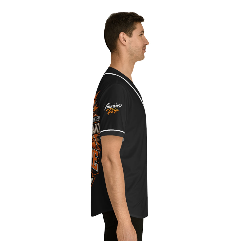TimeWarp Drip – Black baseball jersey, vibrant back and sleeve graphics, city-built attitude; urban streetwear with bold culture energy. | premium streetwear