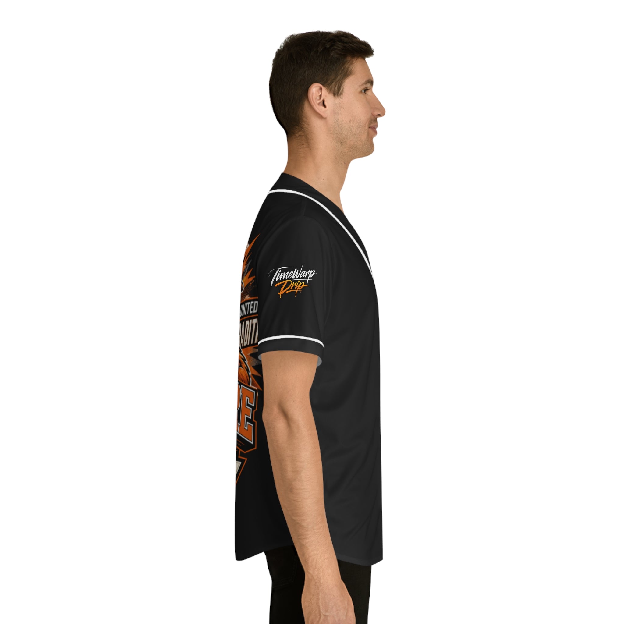 TimeWarp Drip – Black baseball jersey, vibrant back and sleeve graphics, city-built attitude; urban streetwear with bold culture energy. | premium streetwear