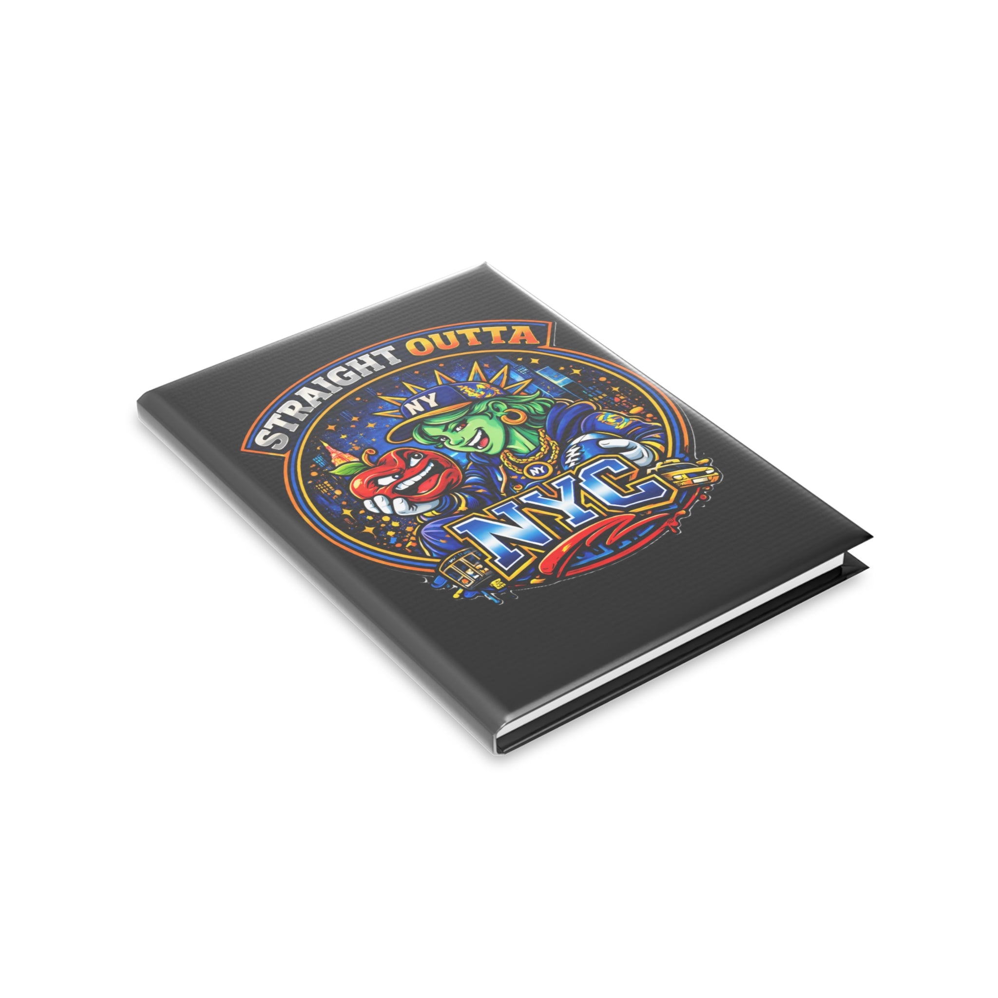 Black hardcover notebook featuring a New York City Statue of Liberty graphic and "Straight Outta NYC" text, by TimeWarp Drip.