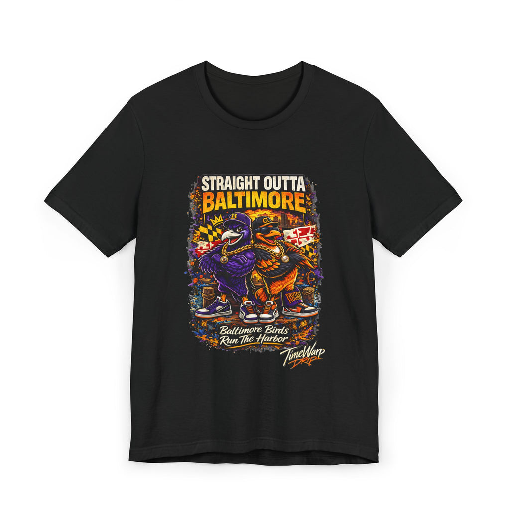 TimeWarp Drip Straight Outta Baltimore Tee: Black jersey drip, wild cartoon birds, bold “Baltimore Birds Run the Harbor” flex. Streetwear heat!. streetwear apparel