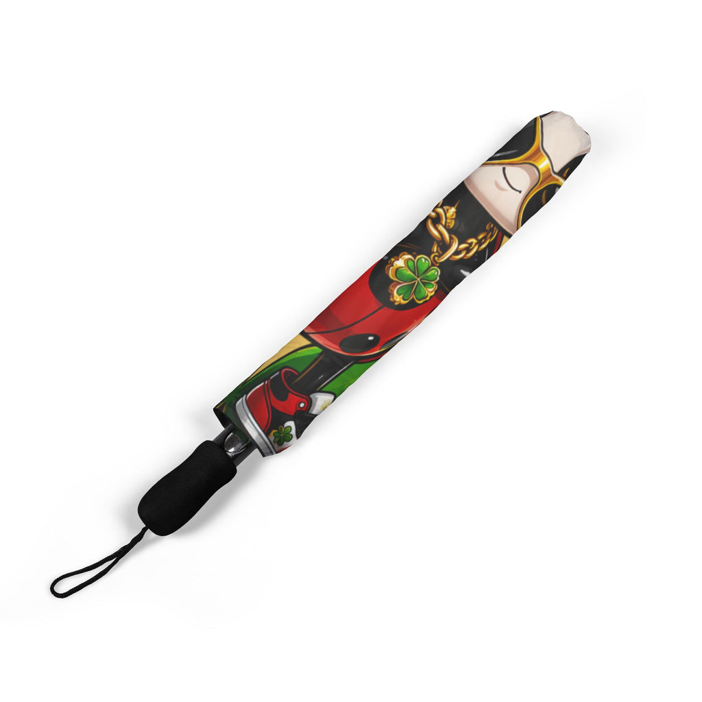 The Cute Lucky Ladybug Foldable (Yellow) Umbrella — Rain Accessory has a black handle and wrist strap, a colorful cover with a cartoon ladybug in sunglasses, and a roomy one-size canopy for great coverage.
